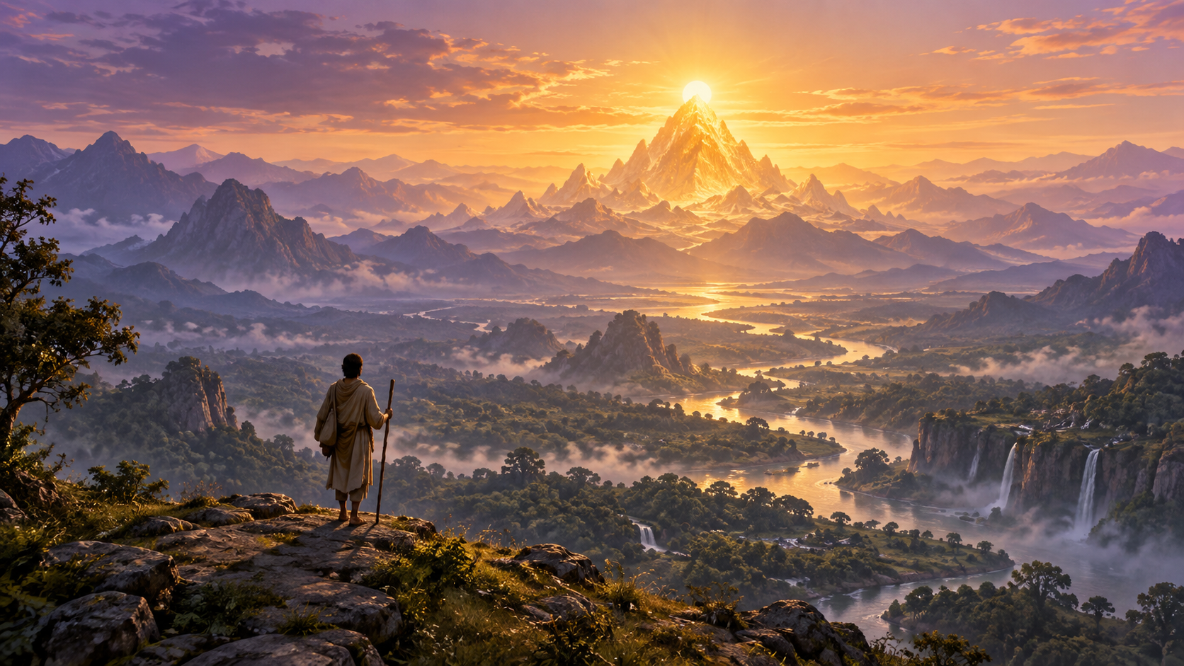 A lone traveler with a walking staff stands on a ridge at dawn, looking across rivers and mountain ranges toward a distant golden central peak.