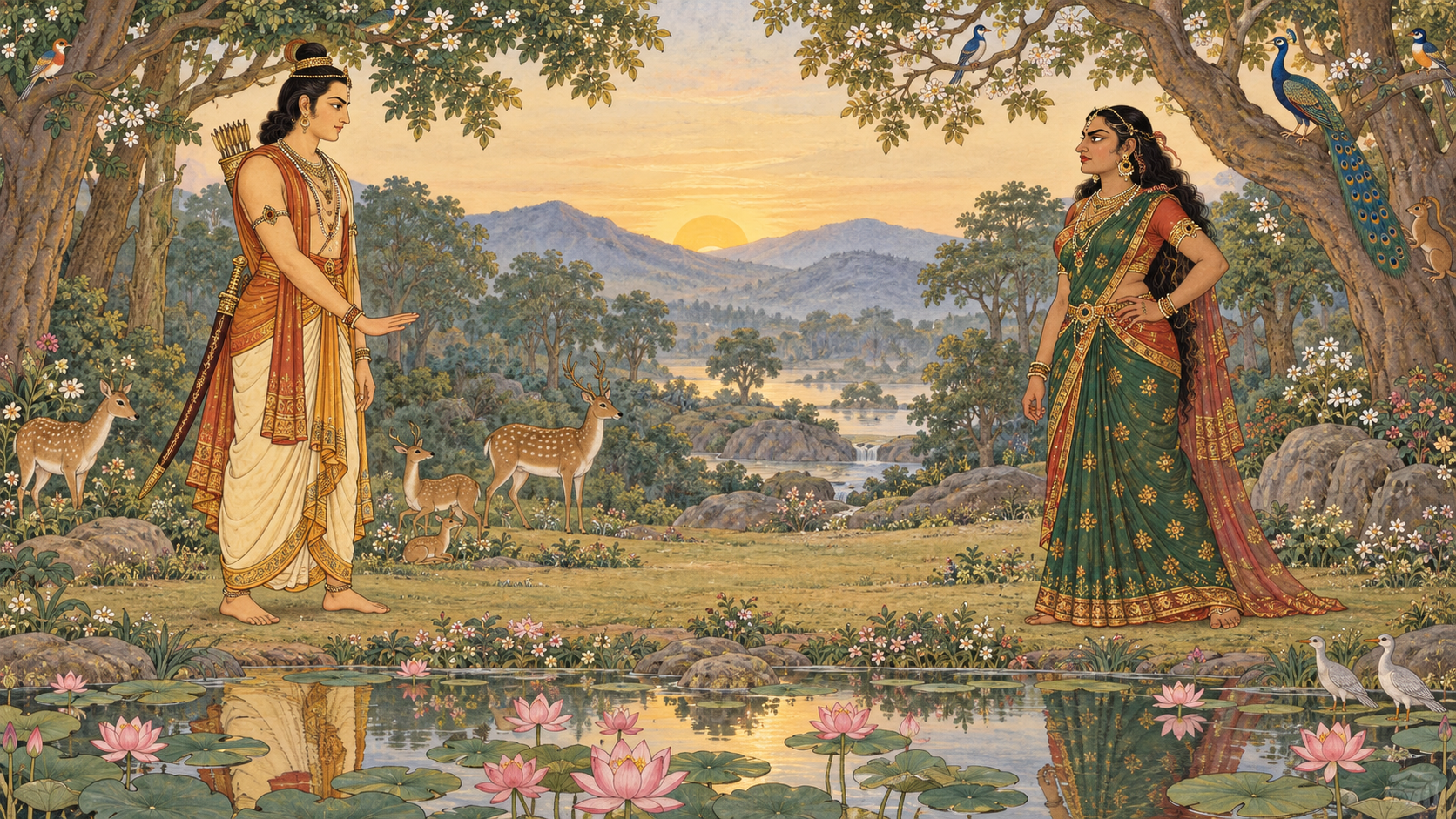 Surpanakha and a princely warrior stand apart in a peaceful forest as he keeps his weapon sheathed and animals remain calm nearby.
