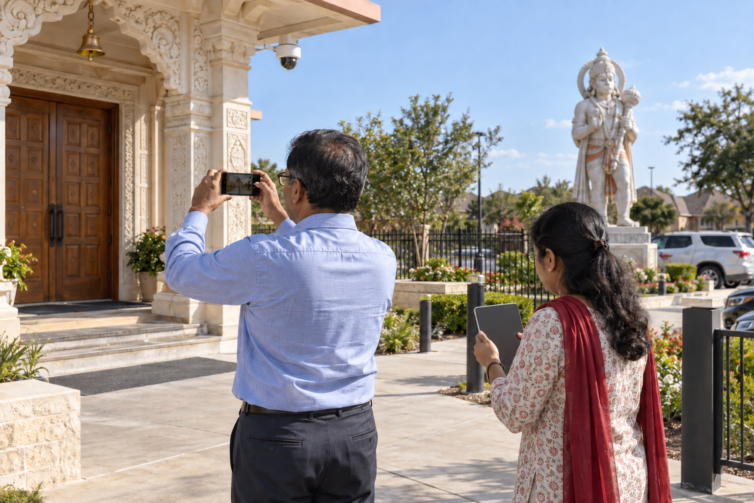 Two temple volunteers document the entrance and grounds while a Hanuman murti stands in the background.