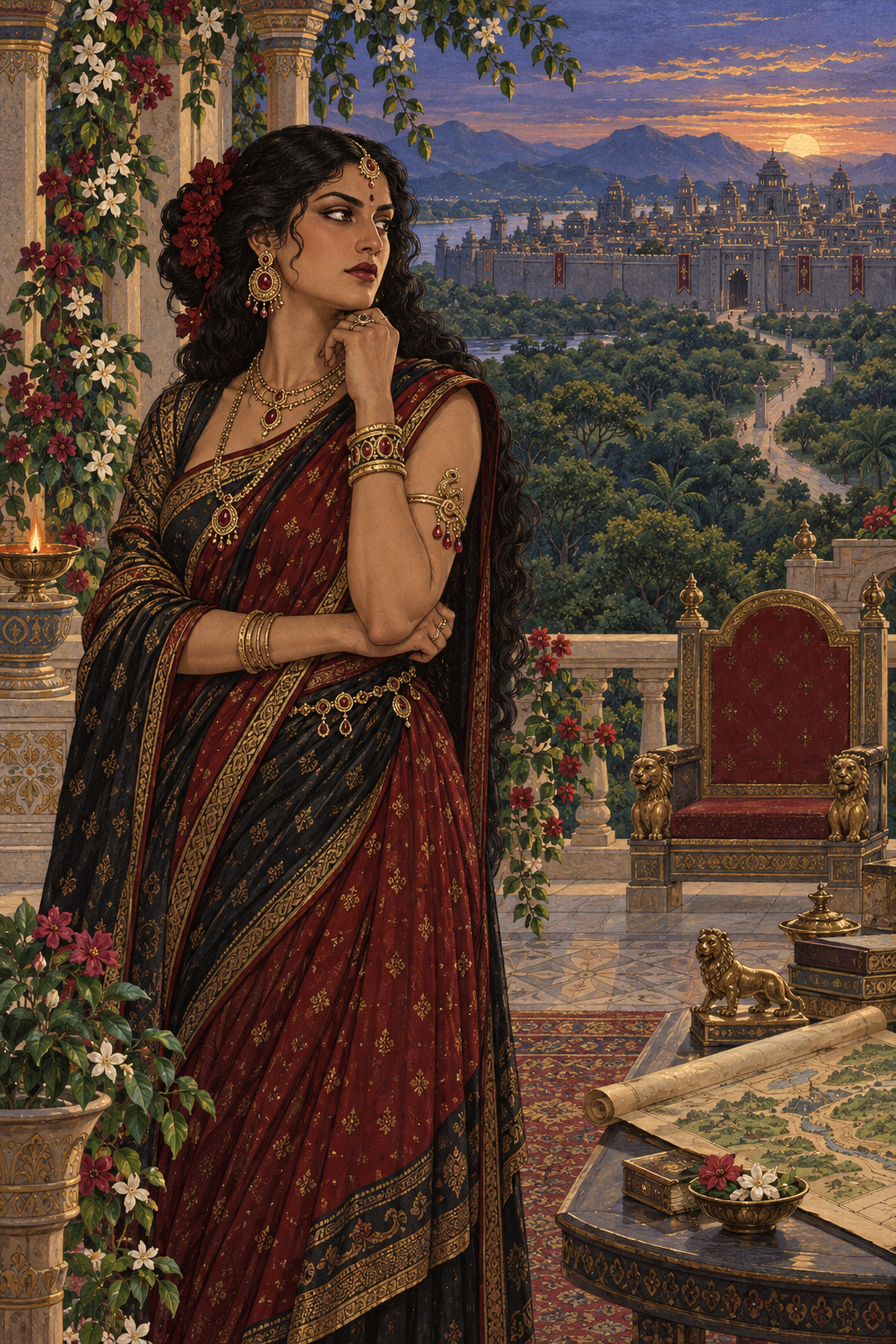 An intact-faced Surpanakha stands on a palace terrace overlooking a forest and distant city, wearing regal garments and a thoughtful expression.