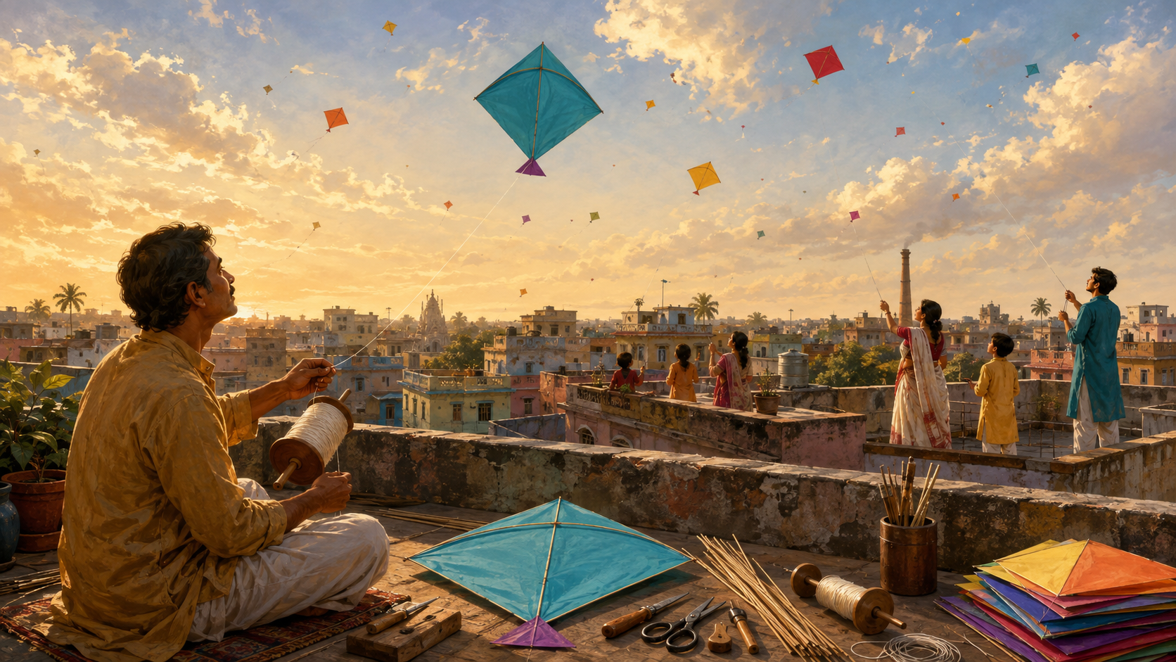 Families and craftspeople fly colorful paper kites from rooftops in Bengal beside kite-making materials and artisan tools.