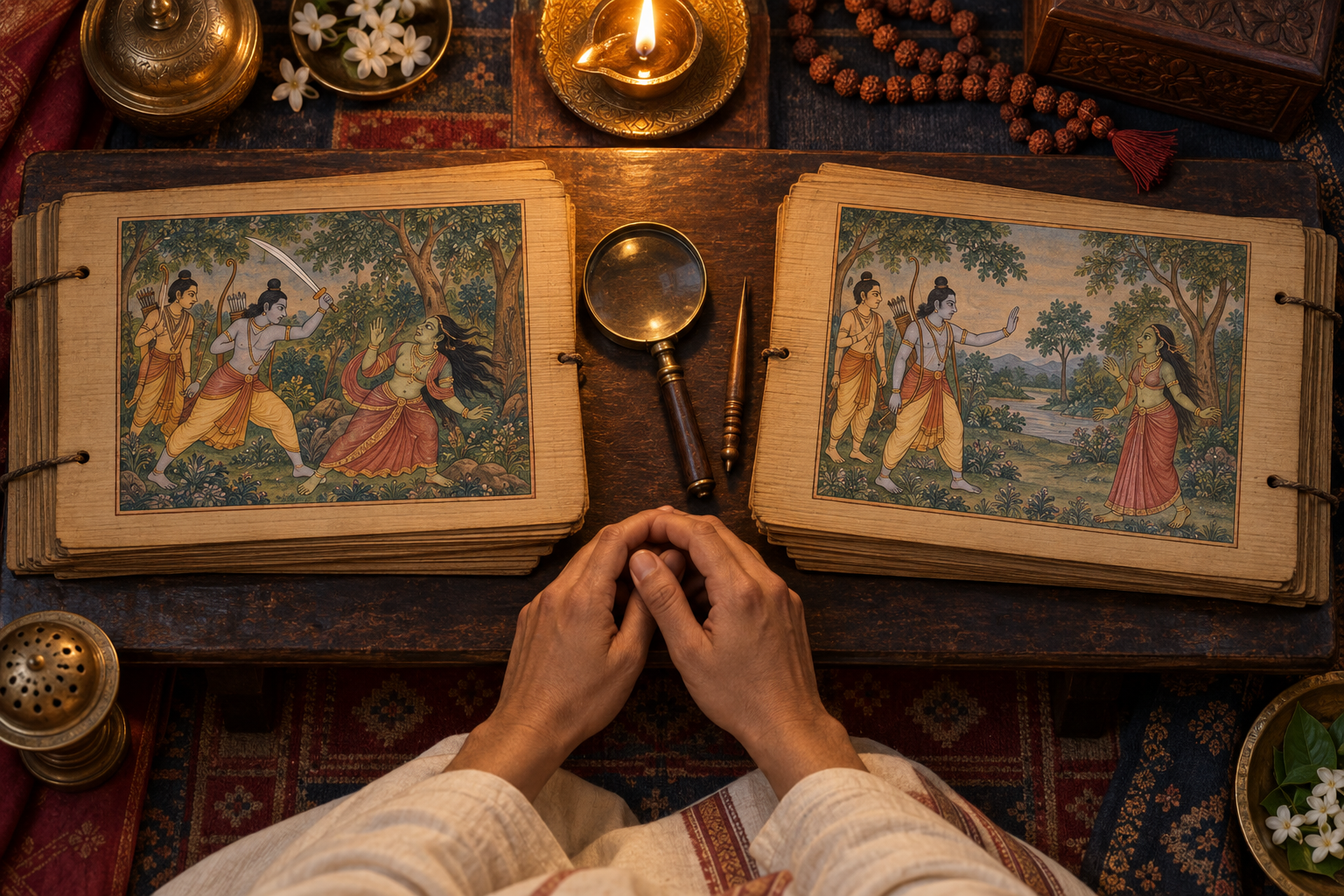 A reader compares two wordless illustrated palm-leaf manuscripts showing different versions of Surpanakha's forest encounter.