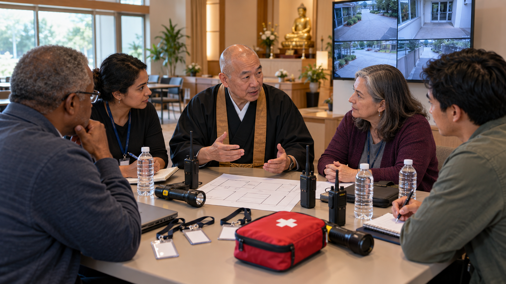 Temple leaders, volunteers, and a public-safety liaison coordinate practical security measures around a table.