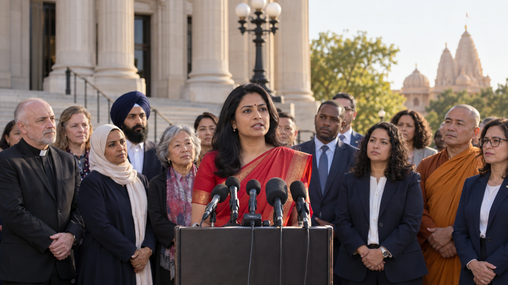 A Hindu community spokesperson addresses microphones outside a civic building with interfaith and neighborhood supporters behind them.