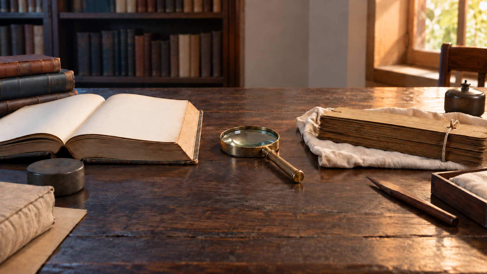 An old palm-leaf manuscript and a nineteenth-century printed book lie side by side on a wooden reading table with a brass magnifying lens between them.