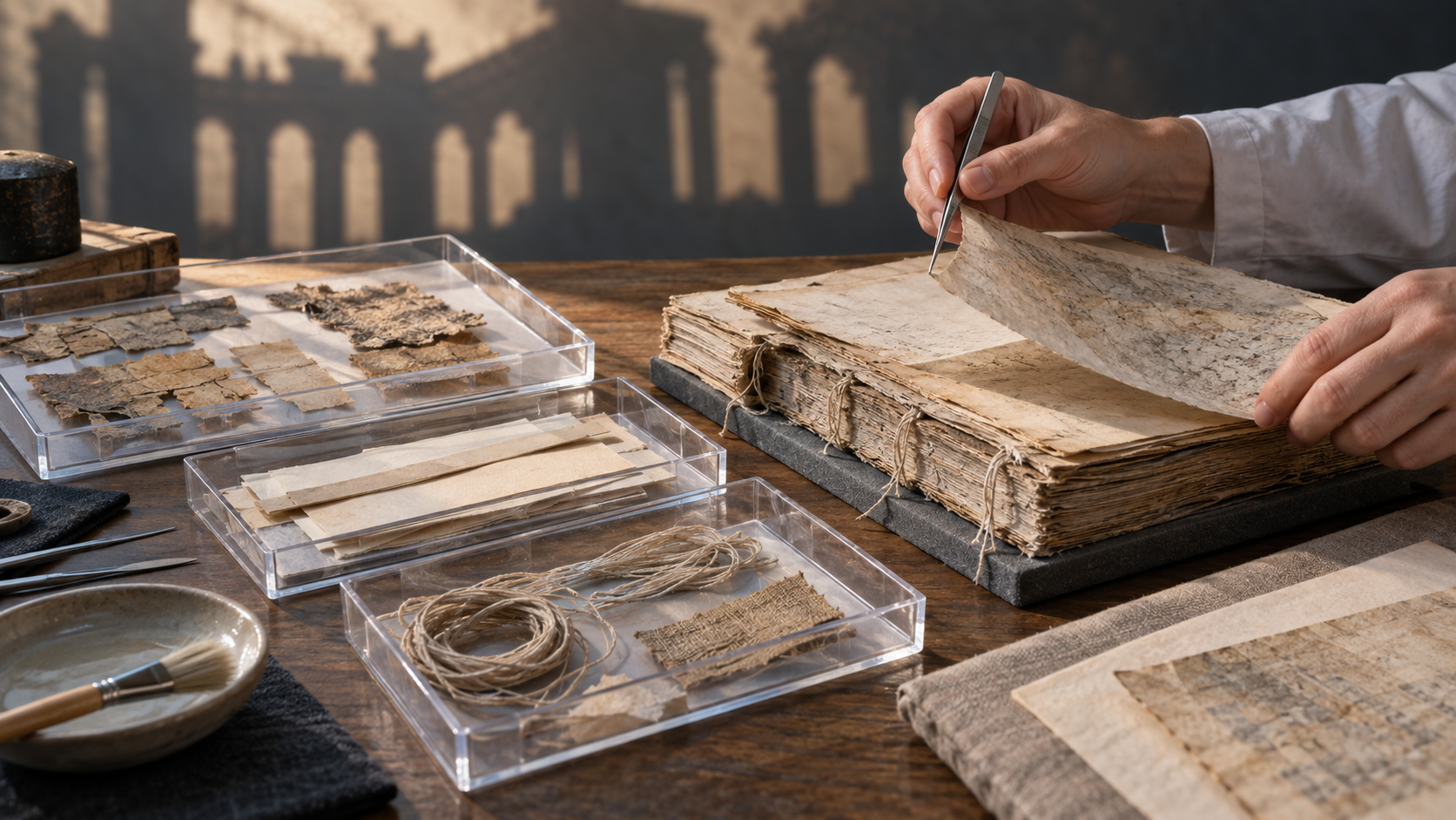 A conservator examines bookbinding, paper, and manuscript fragments arranged in separate archival trays while a large shadow falls behind the worktable.