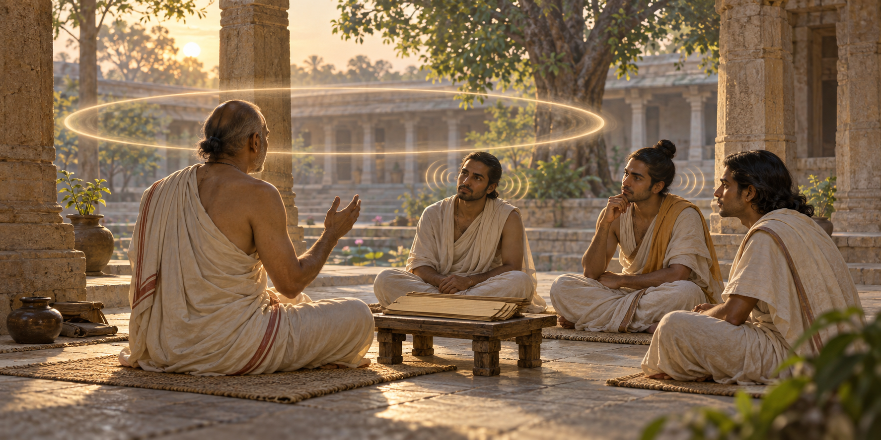 A teacher and three students sit around a palm-leaf manuscript in a courtyard as a luminous circular ripple expands between the speaker and listeners.