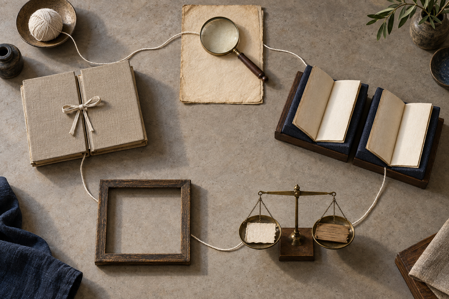 Five groups of archival objects, including a magnifying lens, book supports, a balance, an empty frame, and joined folders, are connected by a cotton thread on a worktable.