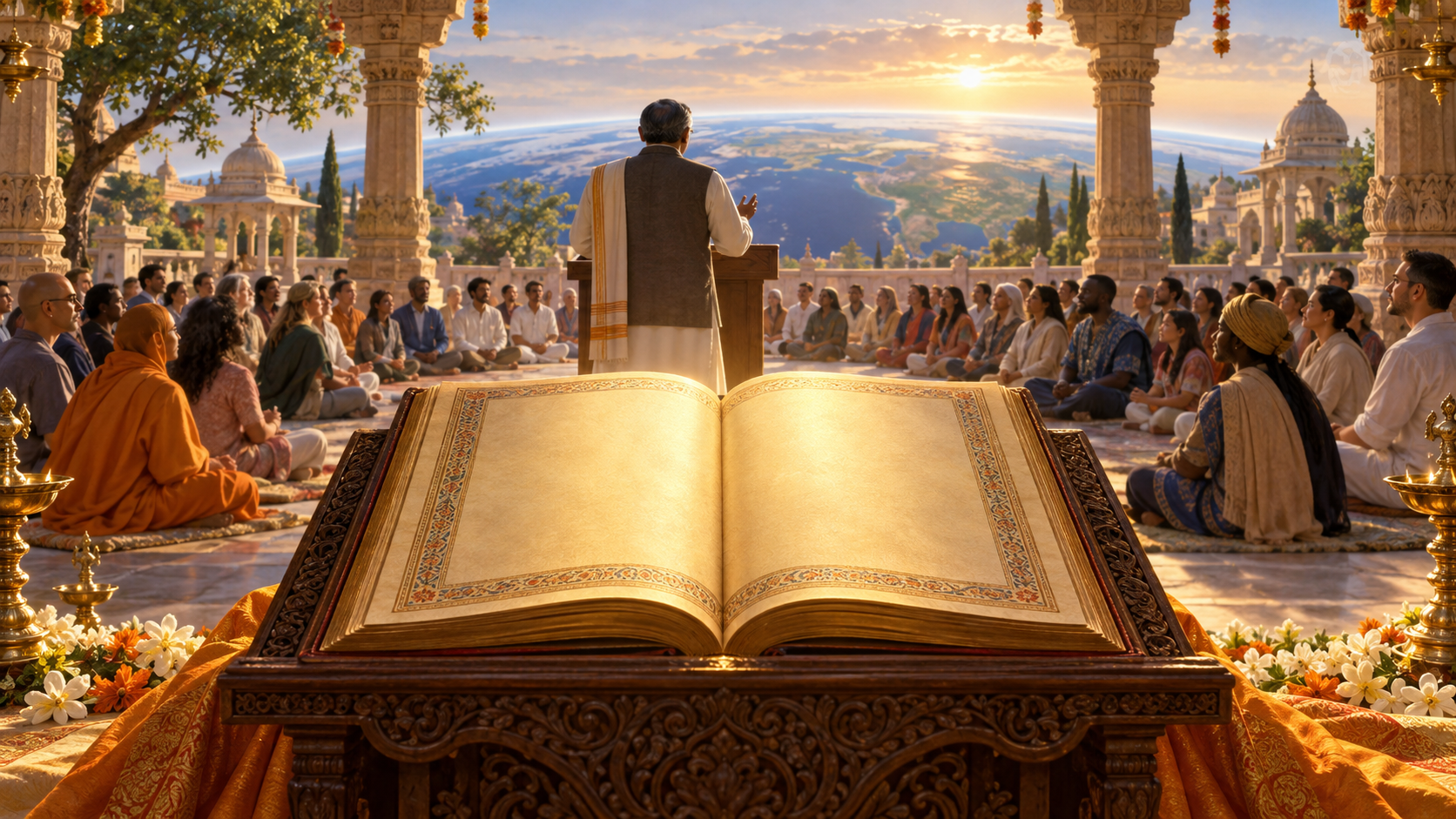 An unlettered sacred manuscript on a wooden stand glows before an anonymous statesman and a diverse international devotional gathering.