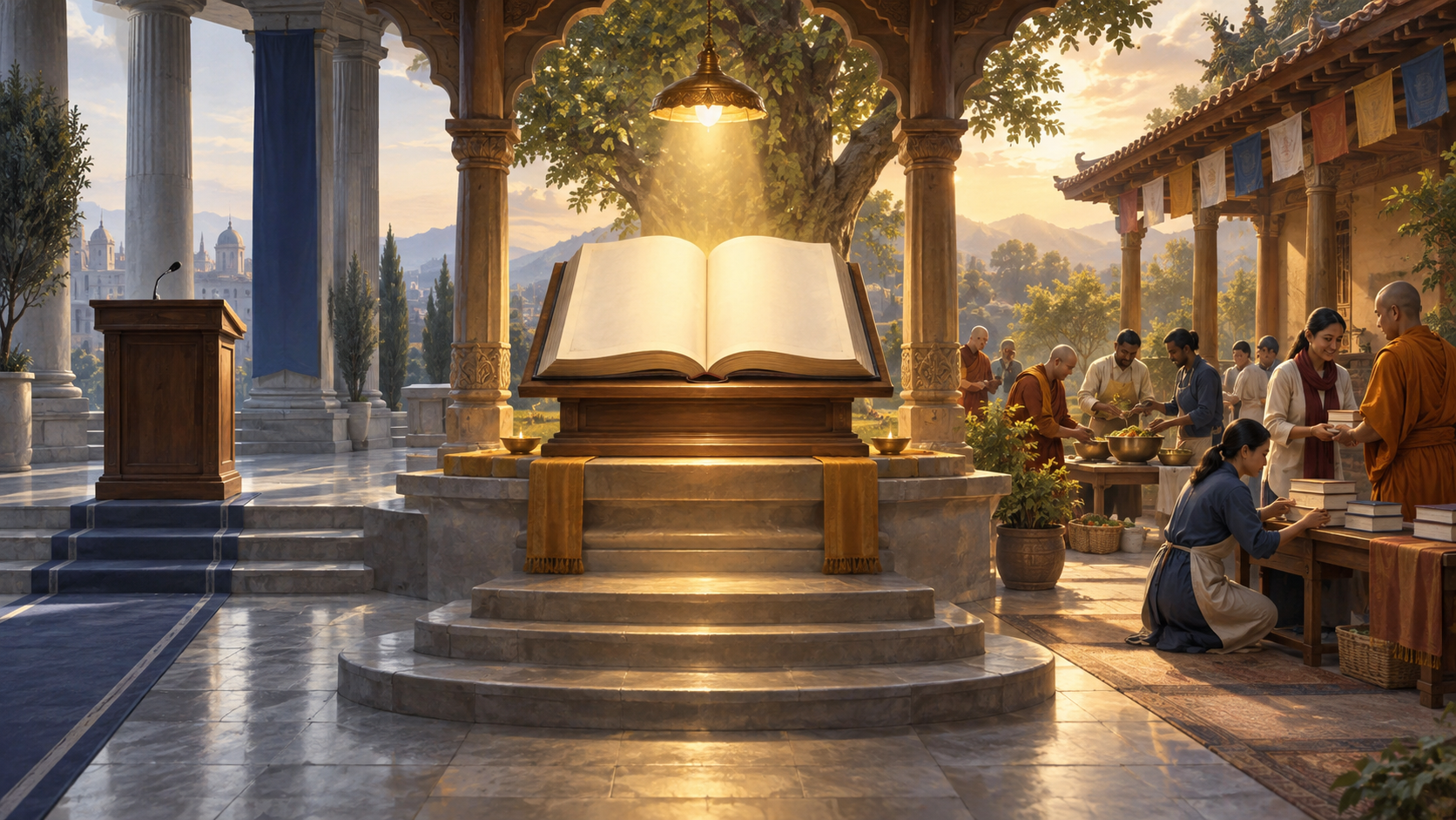 An empty lectern, an illuminated sacred manuscript, and a devotional community occupy three connected but distinct spaces.