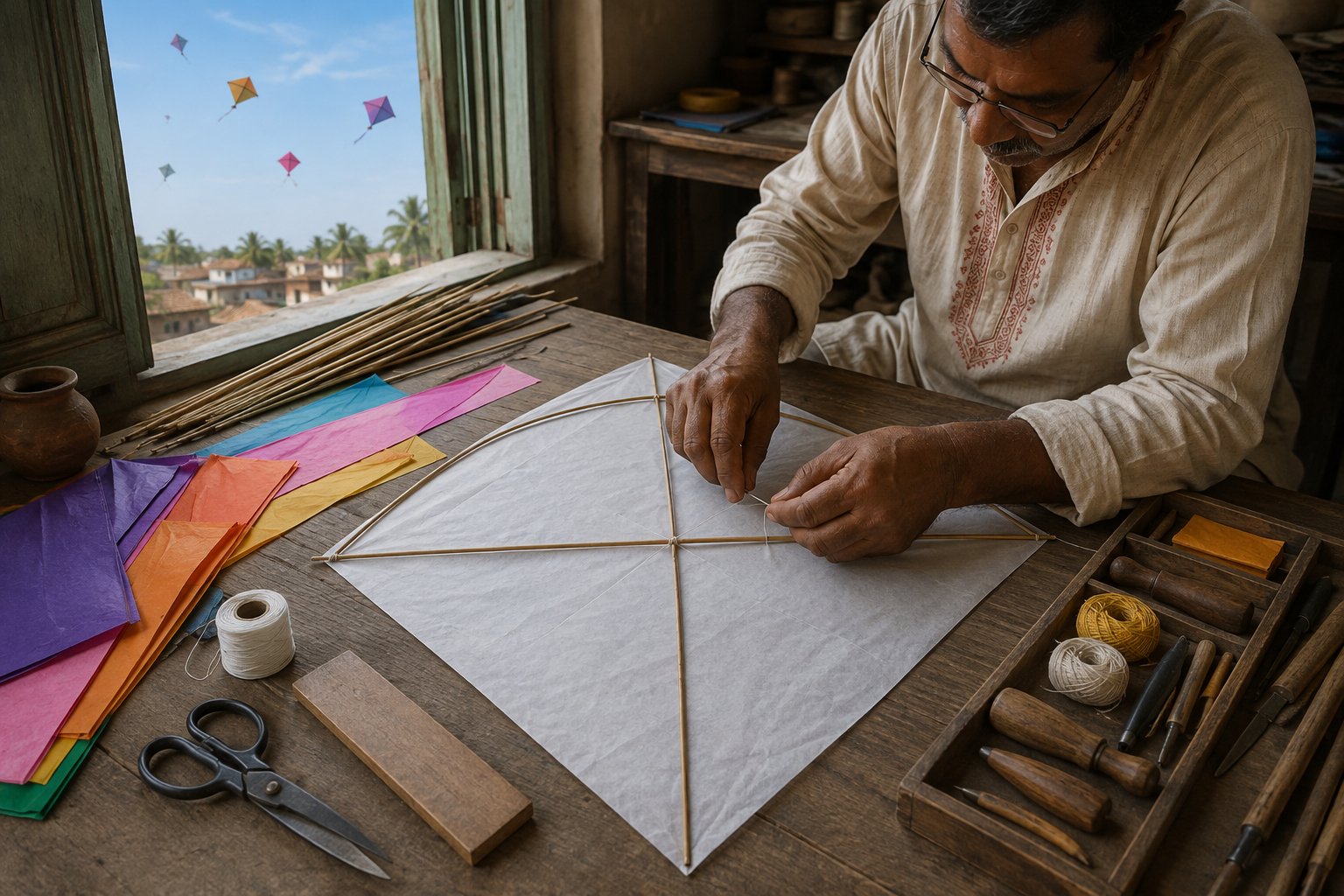 A craftsperson measures and ties bamboo spars for a paper kite at a workbench with hand tools and colored paper.