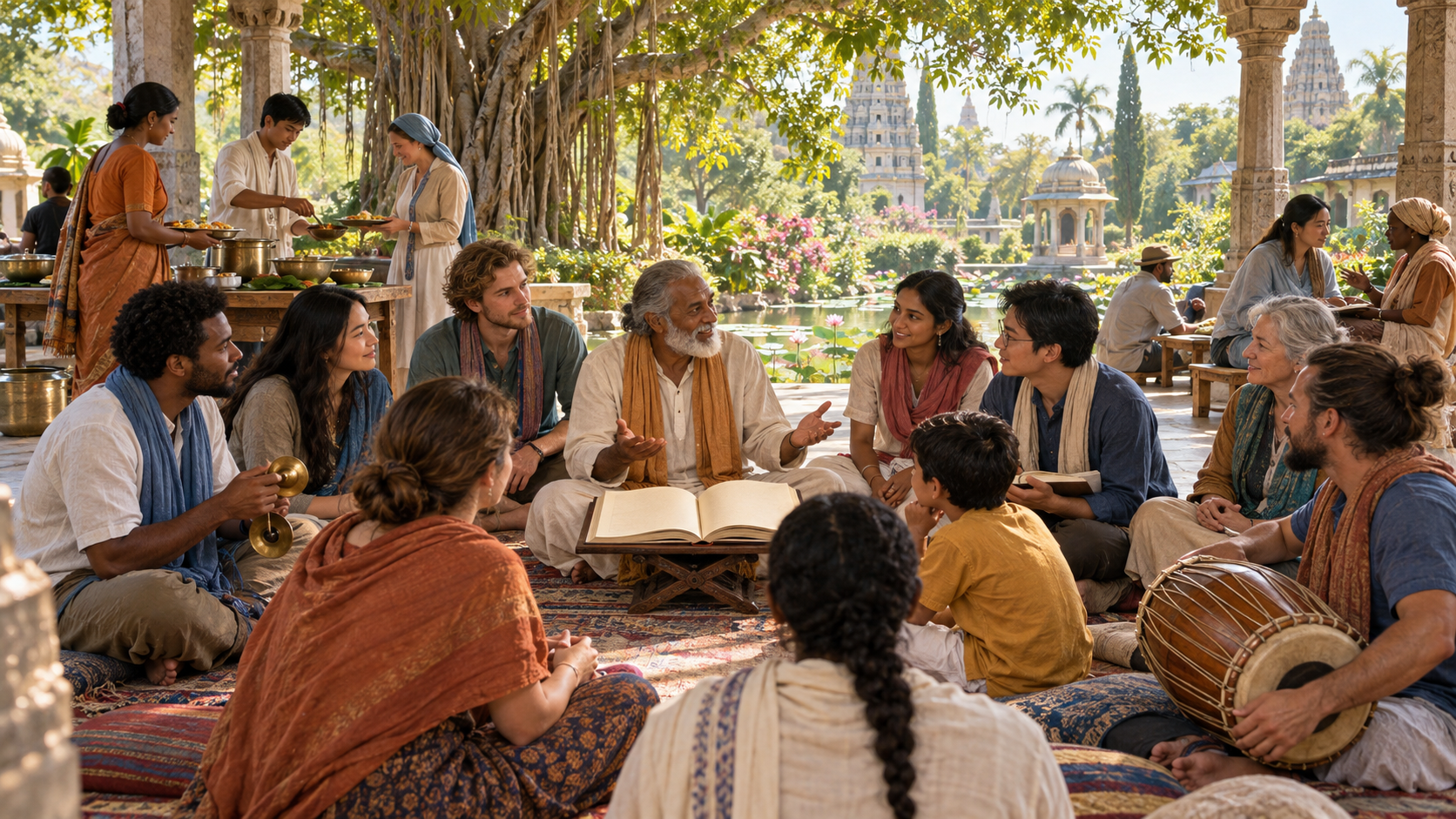 A diverse group studies an open scripture, makes devotional music, and shares food in a temple garden pavilion.