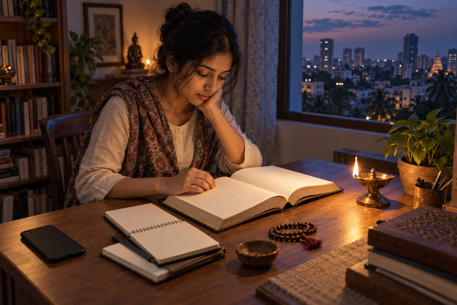 A reader studies an open sacred book by lamplight while a dark smartphone rests at the edge of the desk.