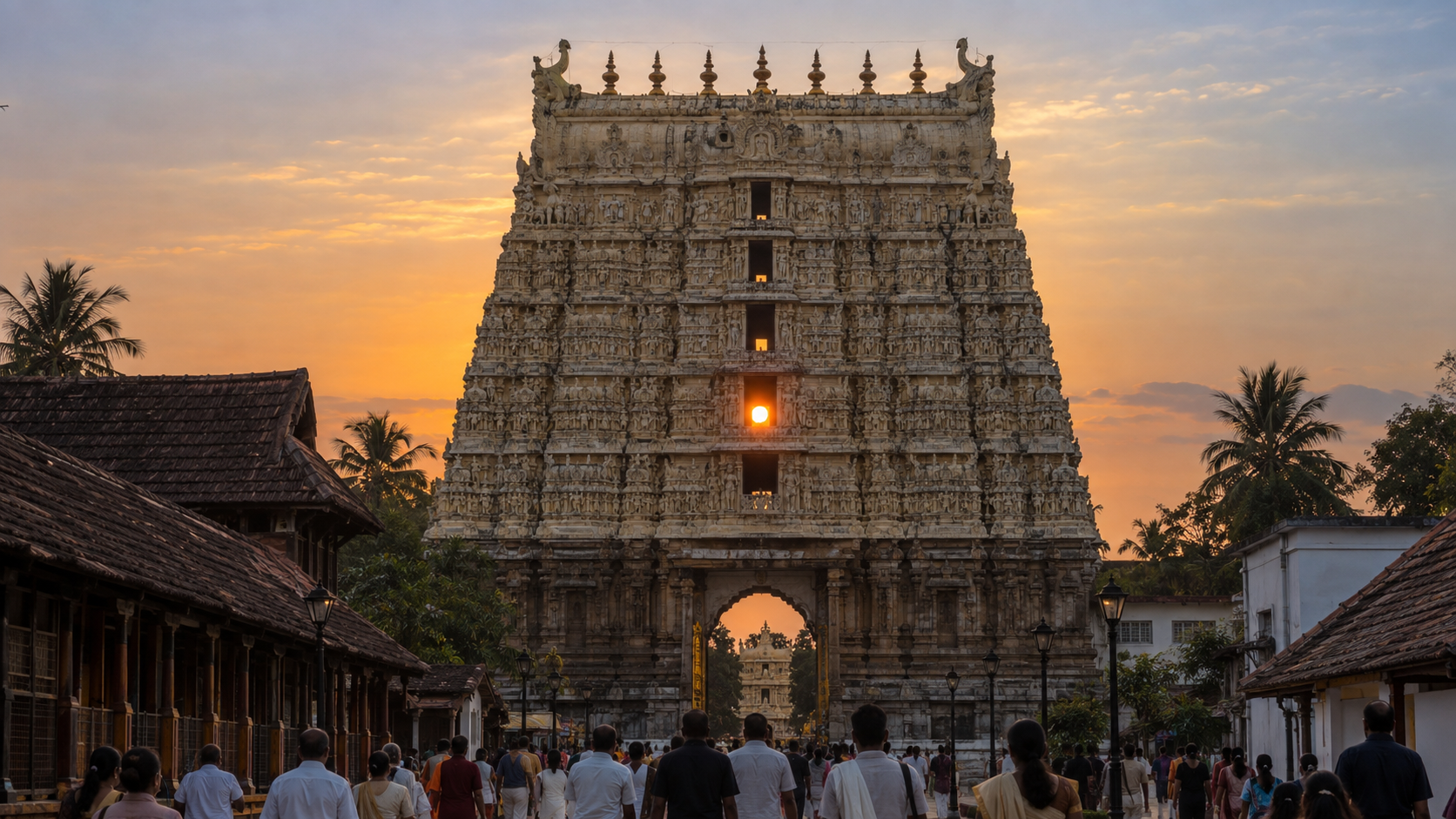 The setting Sun shines through a central opening in the tiered gopuram of Sree Padmanabhaswamy Temple as visitors gather outside.