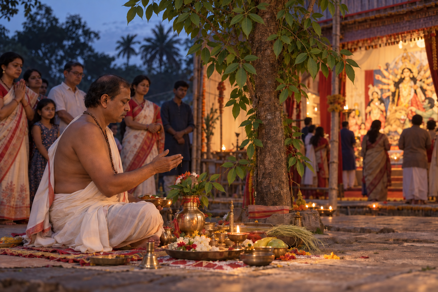 A priest performs the Bodhan ritual beside a bilva tree with a kalasha, lamps, flowers, and devotees gathered near a Durga Puja pandal at dusk.