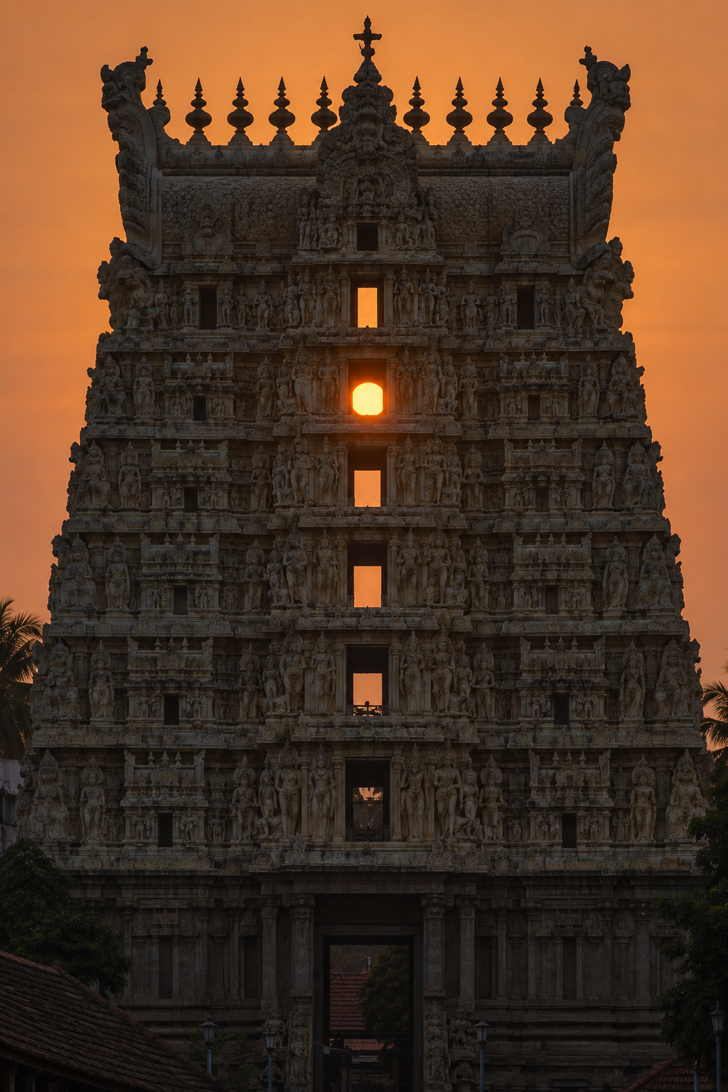 A telephoto view shows the orange solar disk framed by one of the central openings in the temple gopuram.