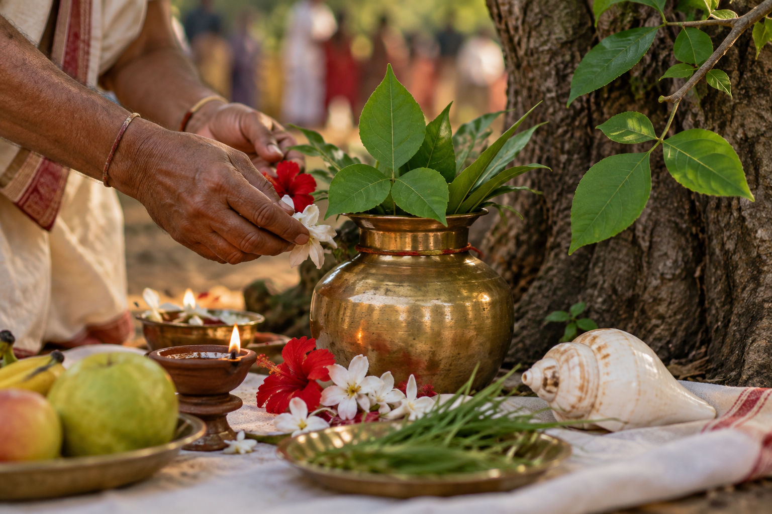 A priest offers flowers at a Bodhan arrangement containing a ritual pot, bilva leaves, an earthen lamp, fruit, sacred grass, and a conch shell.