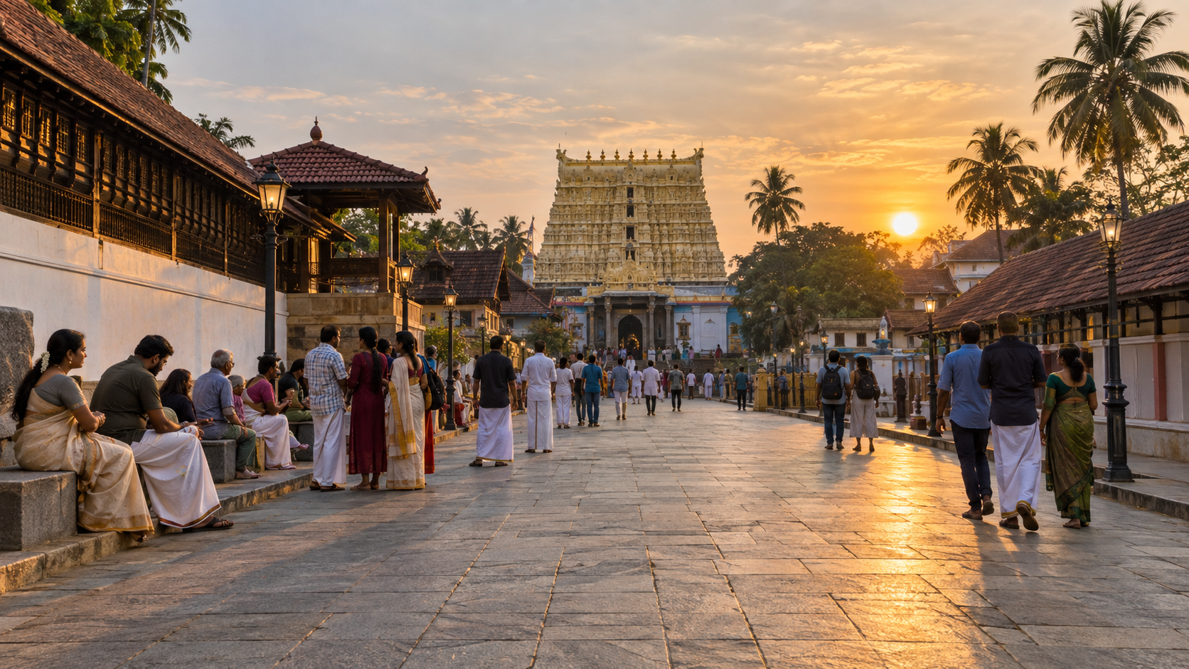 Visitors wait in a public area outside the temple with a clear view toward the distant gopuram before sunset.
