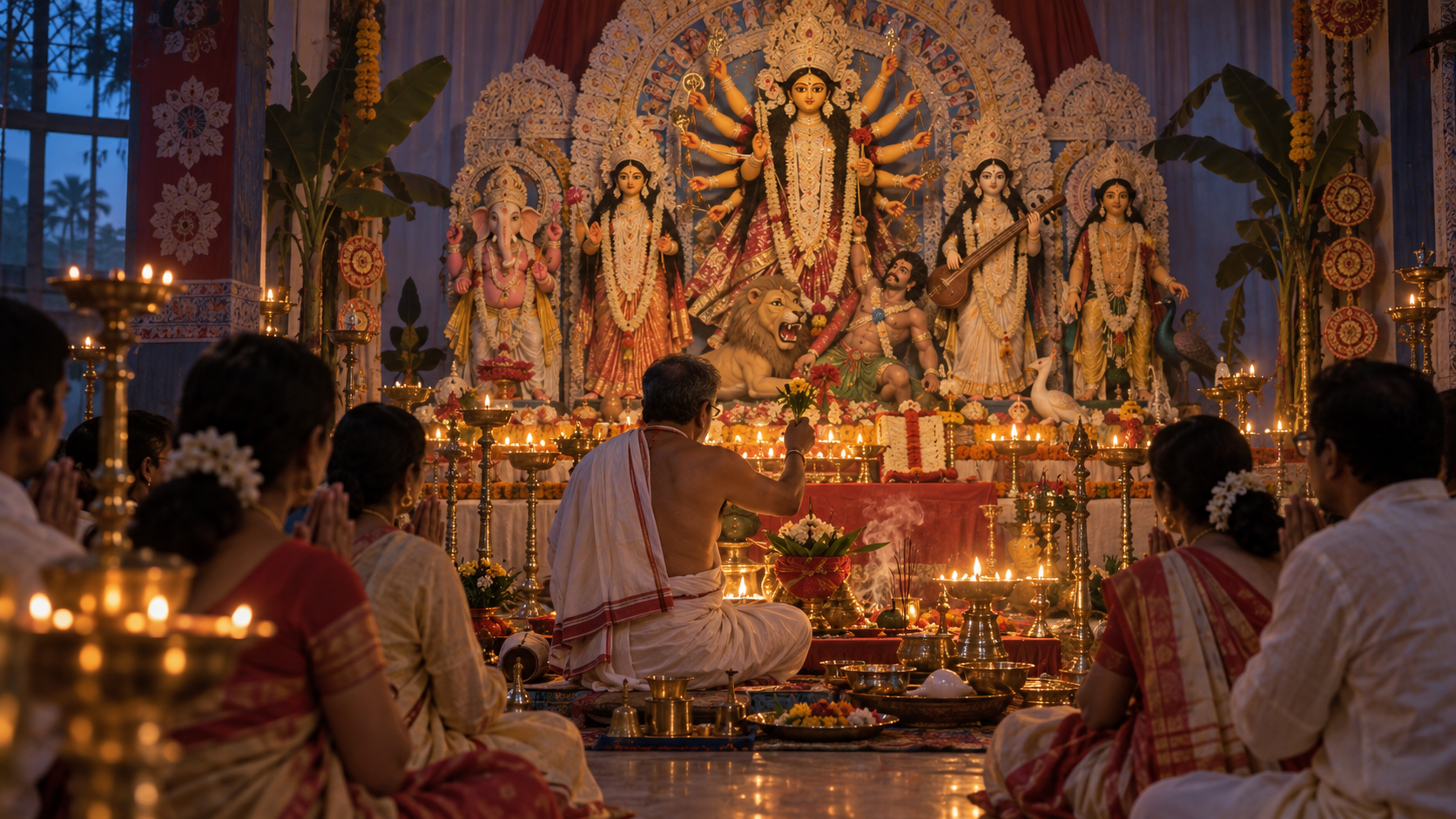 A priest and devotees face a Durga image during an invocation as newly lit oil lamps illuminate the worship space.