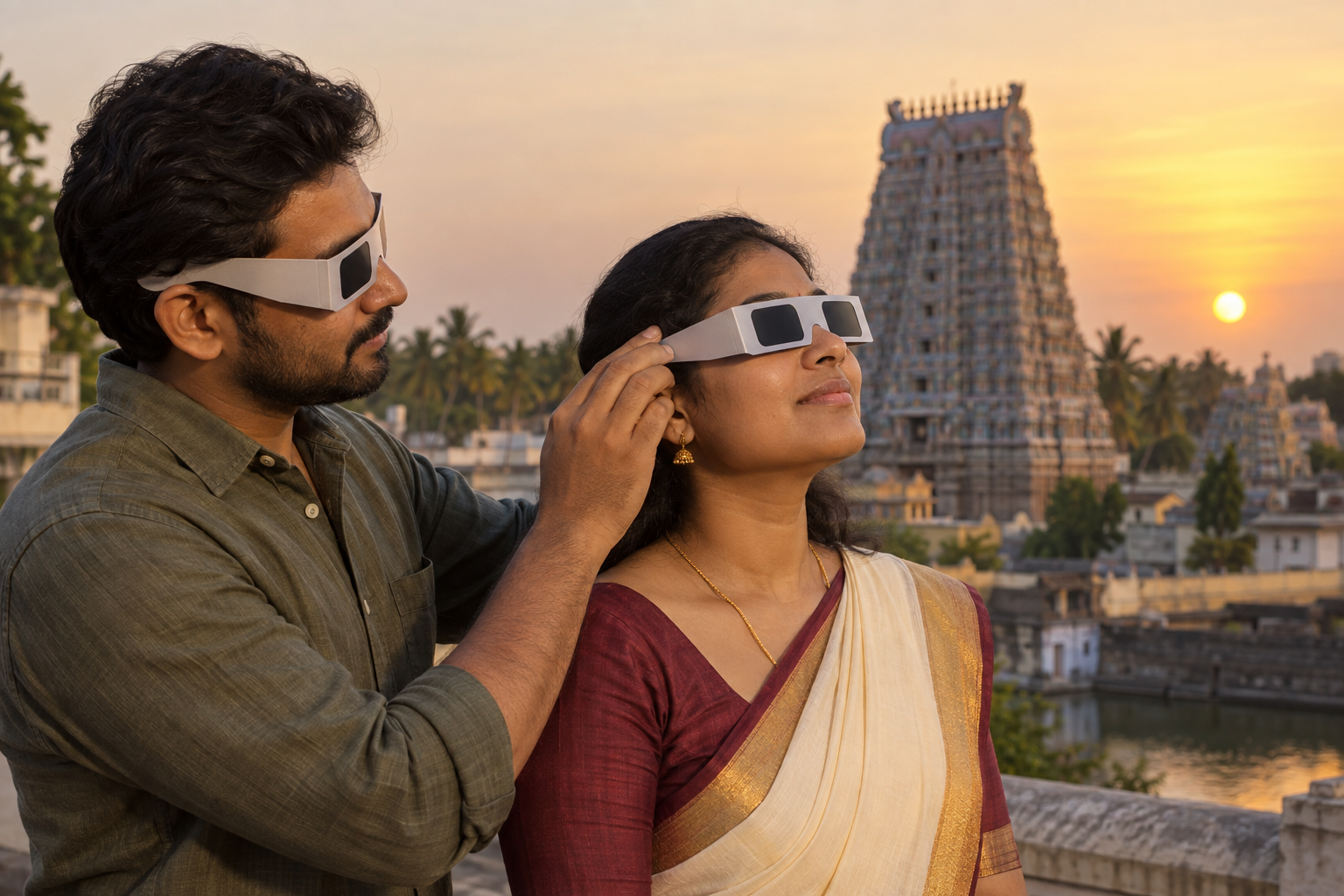 Two visitors wear protective solar-viewing glasses while observing the Sun near the temple gopuram.