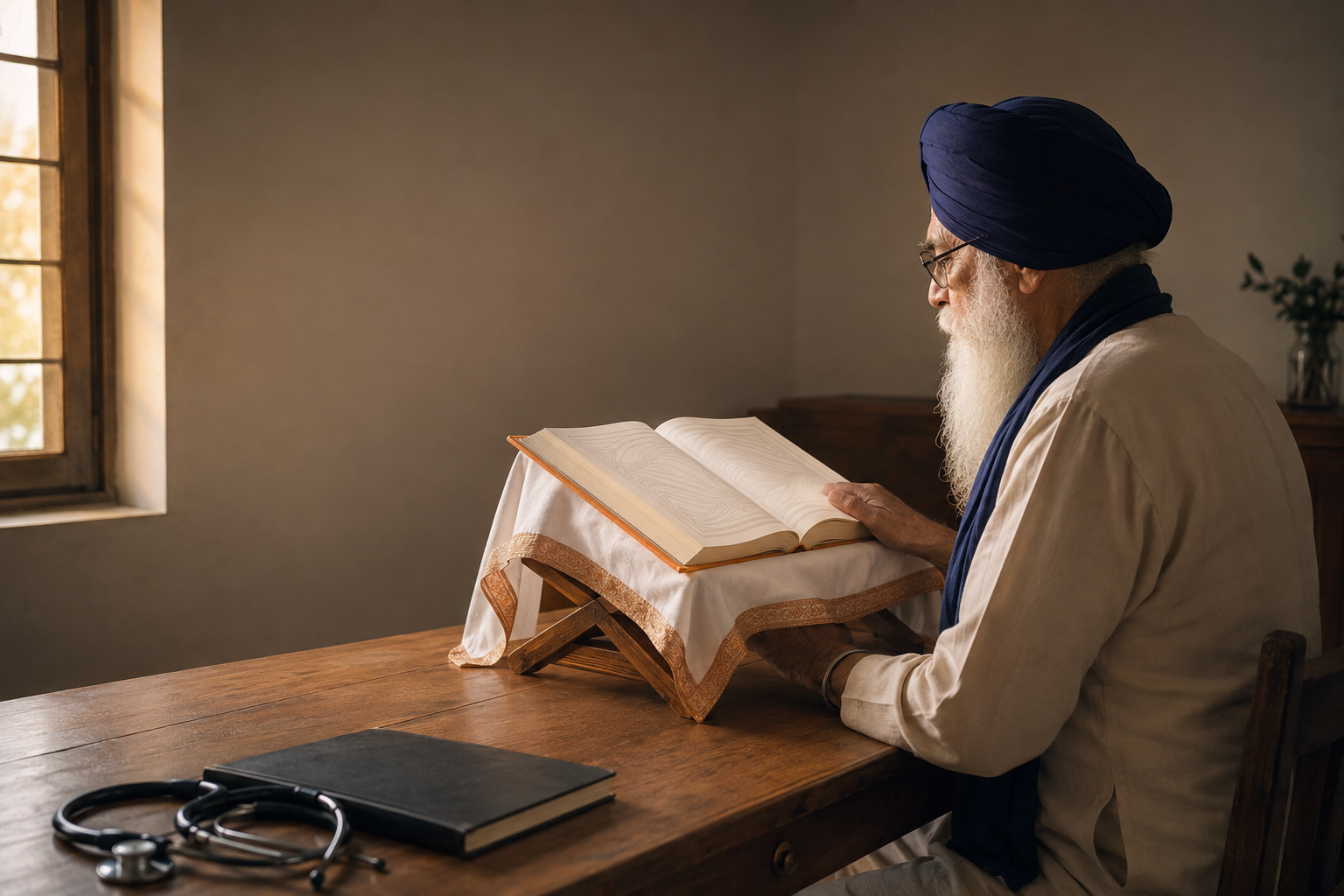 An elderly Sikh man studies an open sacred volume on a raised stand beside a stethoscope and closed medical notebook in warm morning light.