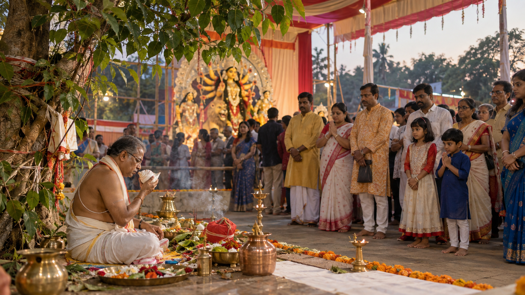 Visitors stand quietly beyond the ritual area while a priest conducts Bodhan with vessels, flowers, lamps, and a bilva tree inside a community pandal.