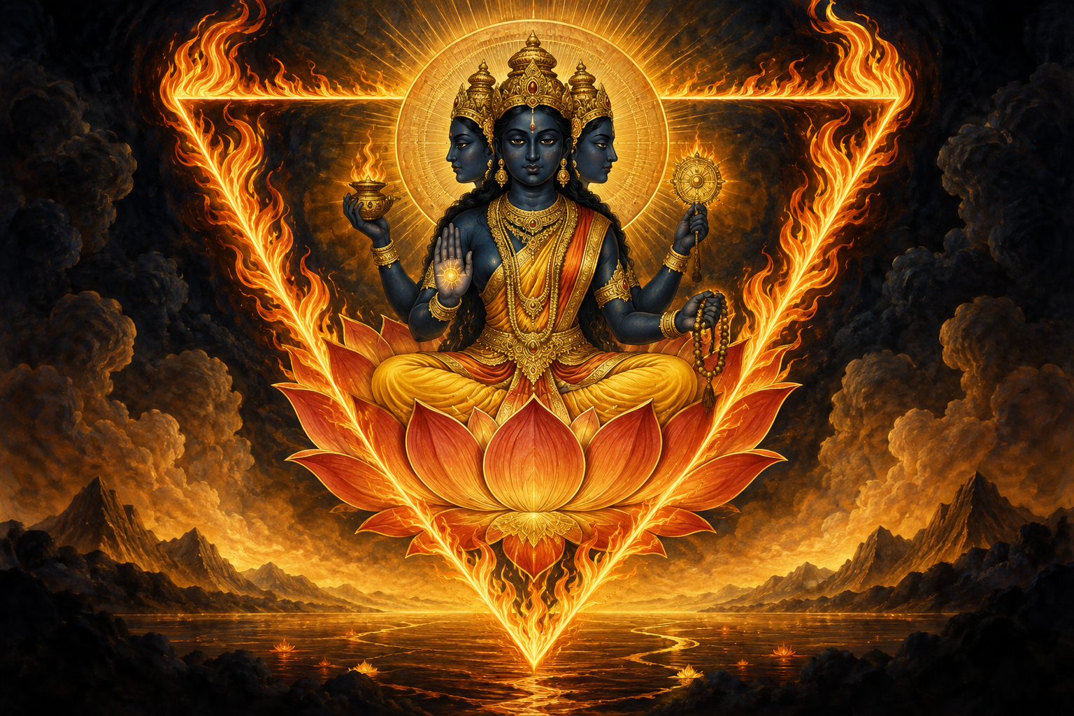 A three-faced, four-armed blue-black goddess sits within a glowing ten-petaled lotus surrounded by contained golden-red flames.