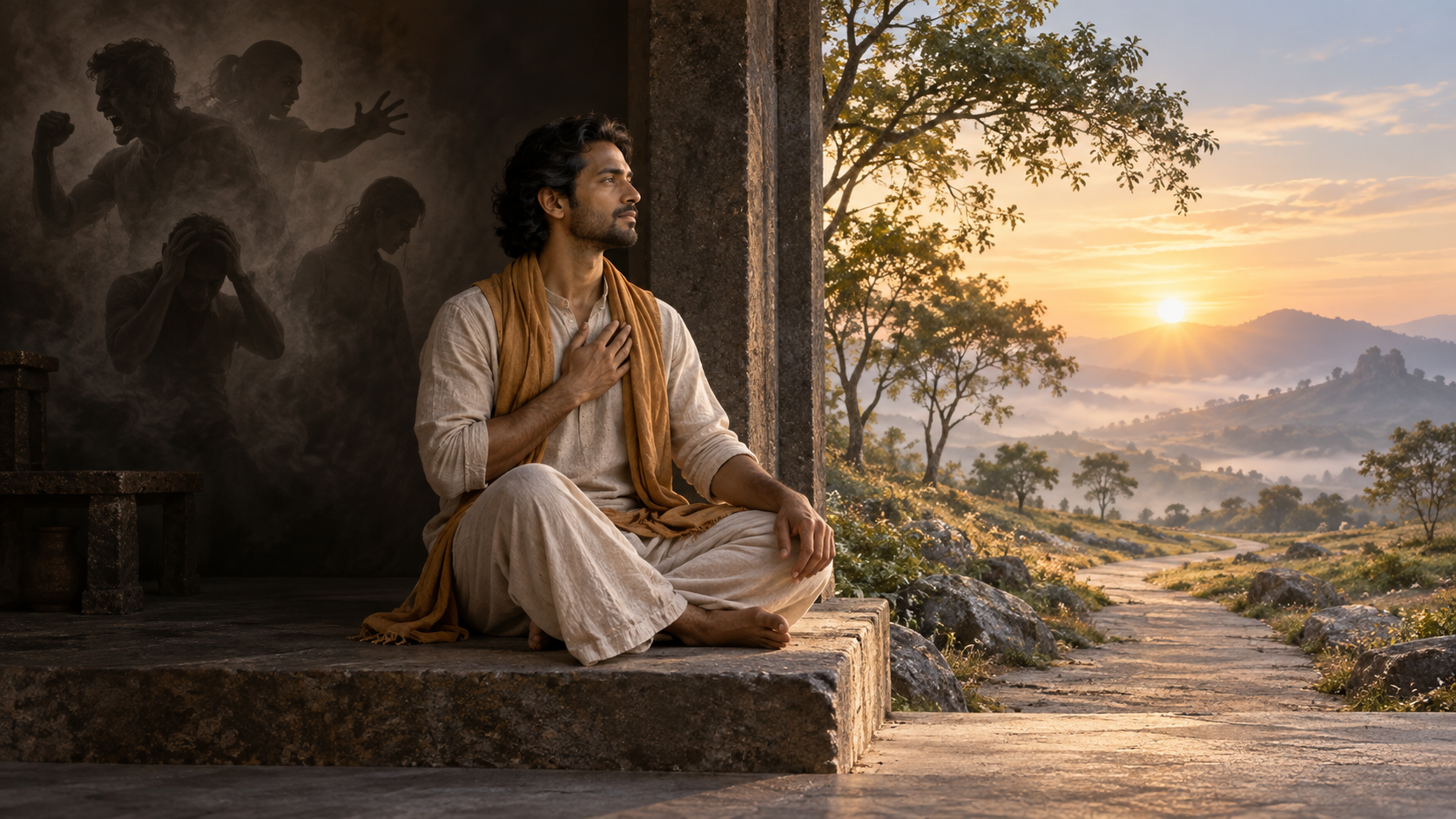 A person sits in quiet contemplation at a doorway while faint agitated silhouettes recede behind them and a sunlit path opens ahead.