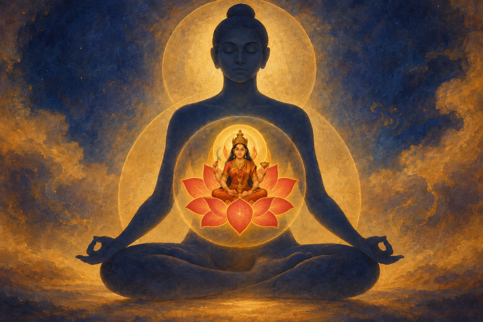 A seated silhouette has a glowing ten-petaled lotus at the navel, with a distinct goddess figure presiding inside it.