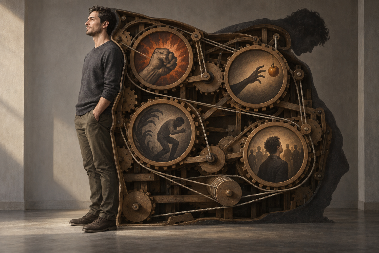 A modern figure stands before a cutaway view of interlocking wheels and repeating tracks that symbolize hidden habitual reactions.