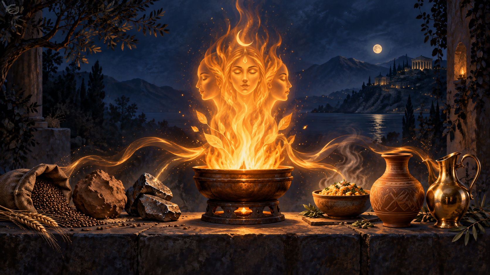 A steady ritual flame visually transforms grain, rough clay, and dull metal into food, a finished vessel, and polished metal.