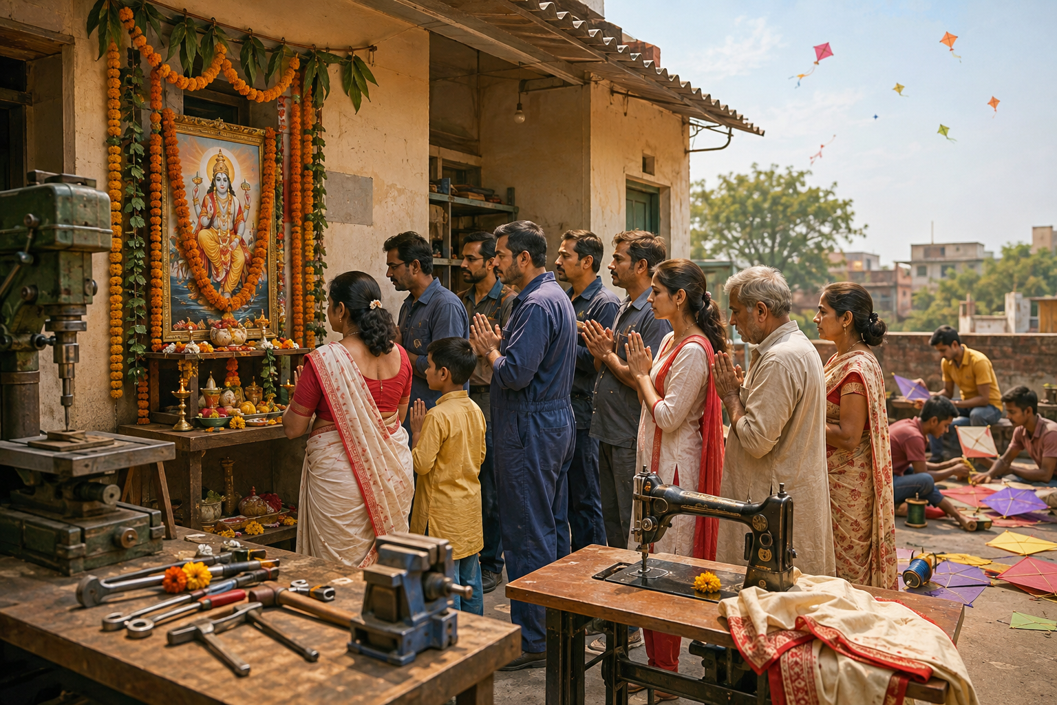 Artisans and family members gather at a flower-decorated Vishwakarma Puja shrine in a workshop courtyard while people prepare kites nearby.