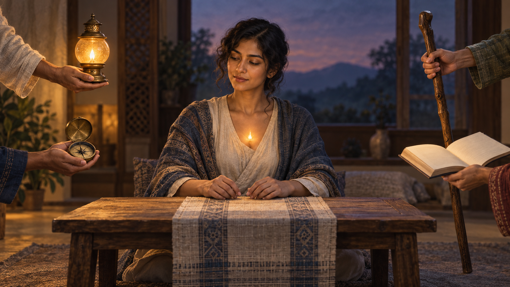 A seated person considers helpful objects offered by others while focusing on a small steady light near the heart.