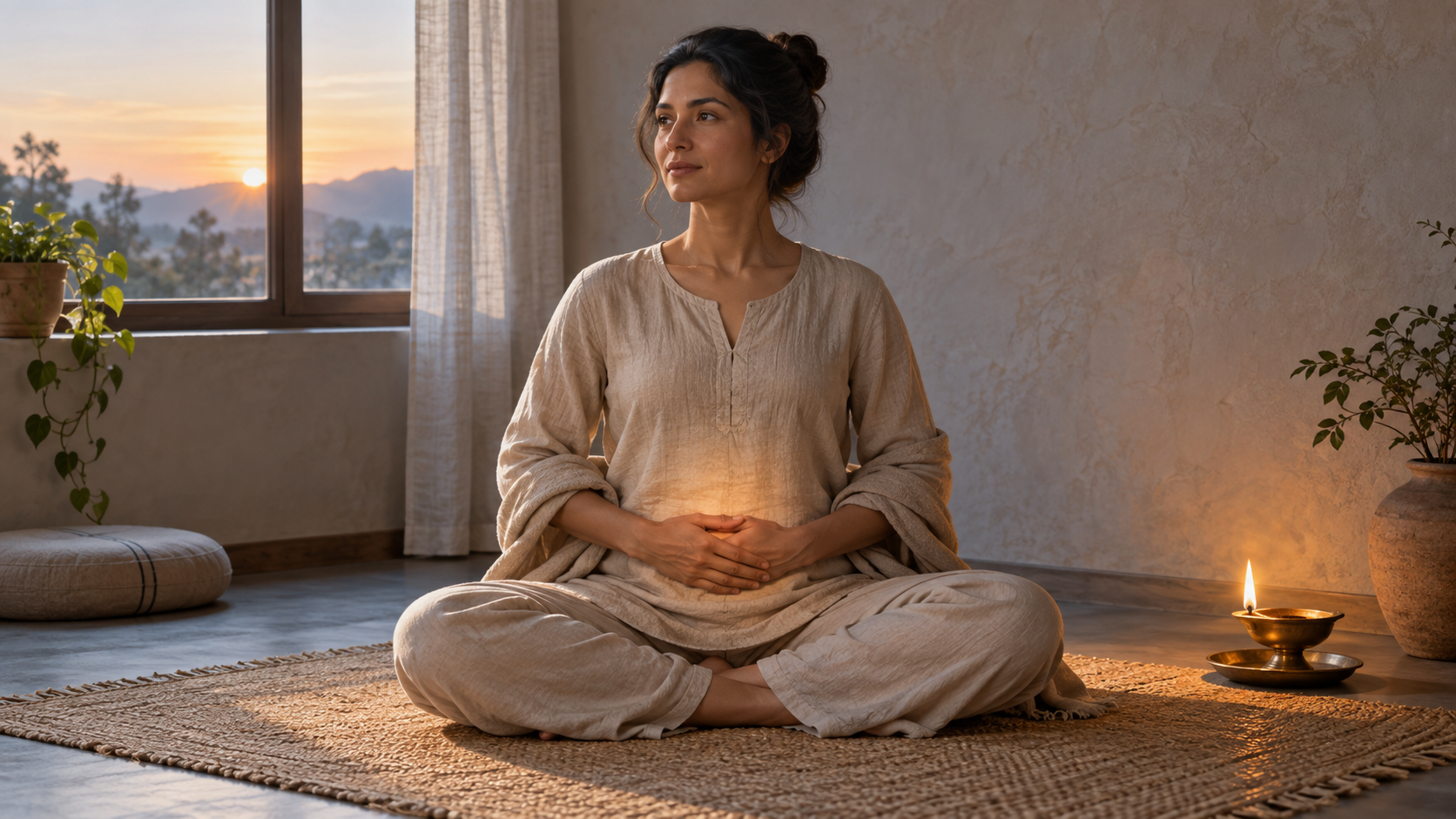 A seated practitioner rests both hands near the navel beside a small oil lamp in a softly lit room.