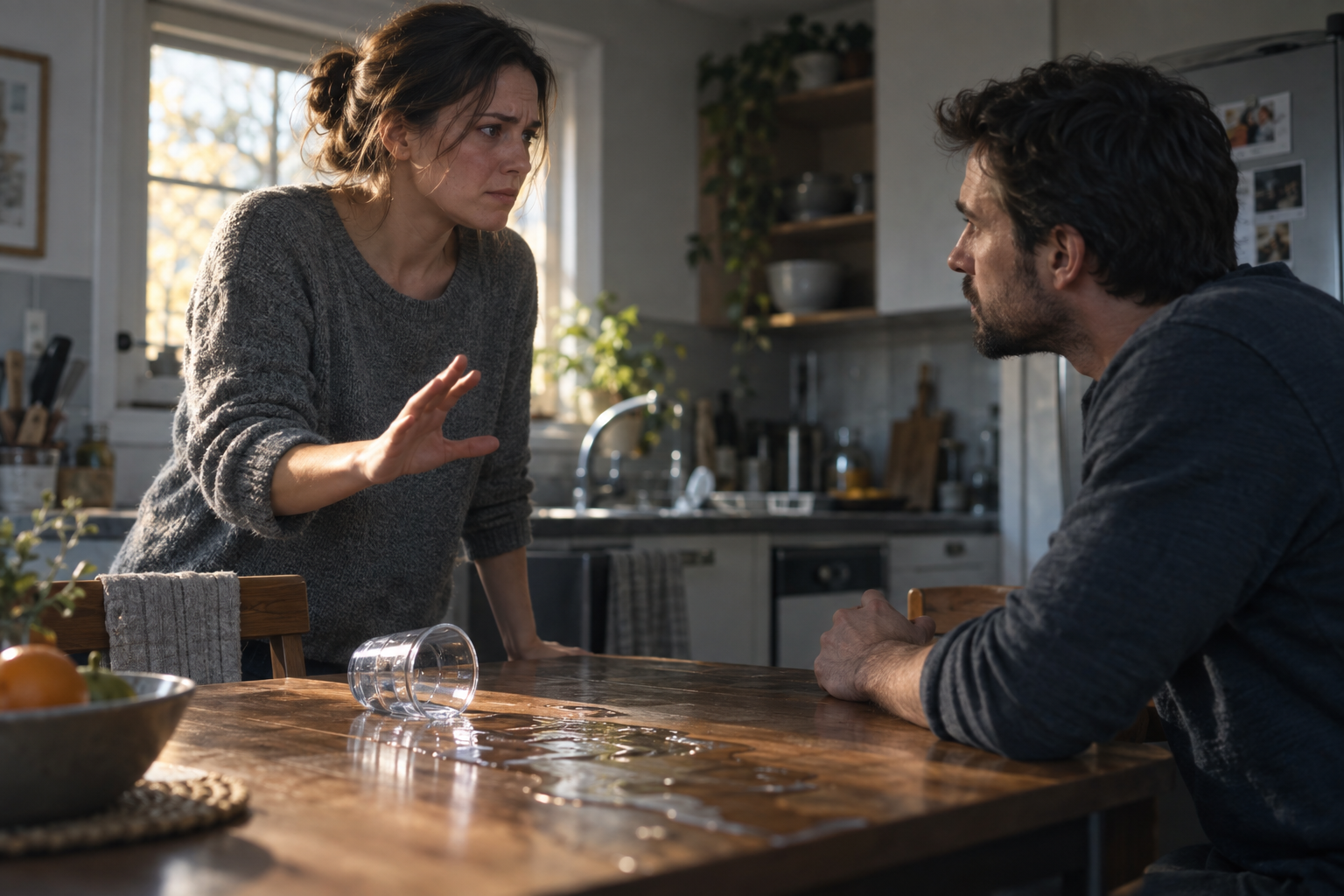 Two people face each other during a tense kitchen conversation as one pauses with an open hand before reacting.