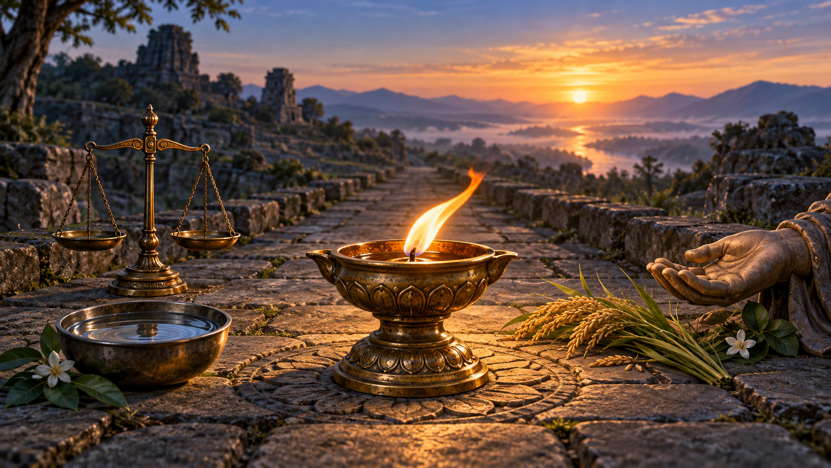 A contained flame in a bronze lamp illuminates a path beside balanced scales, a water bowl, grain, and an open hand.