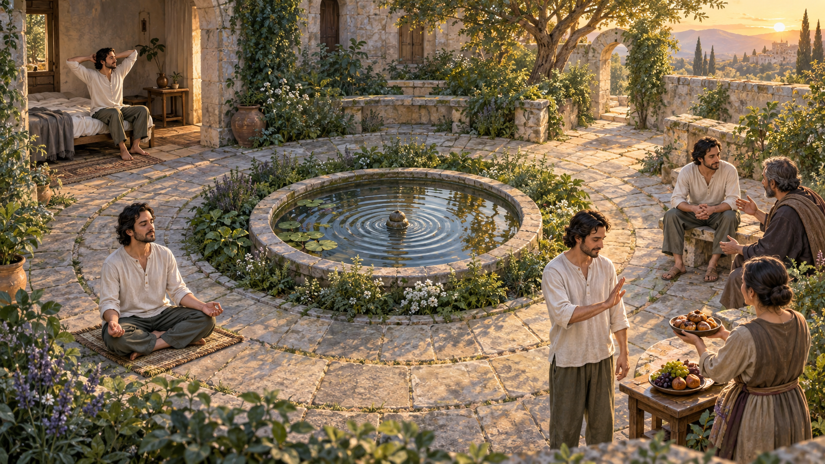 The same person follows a circular courtyard path through several small daily acts of attention, restraint, and calm response.