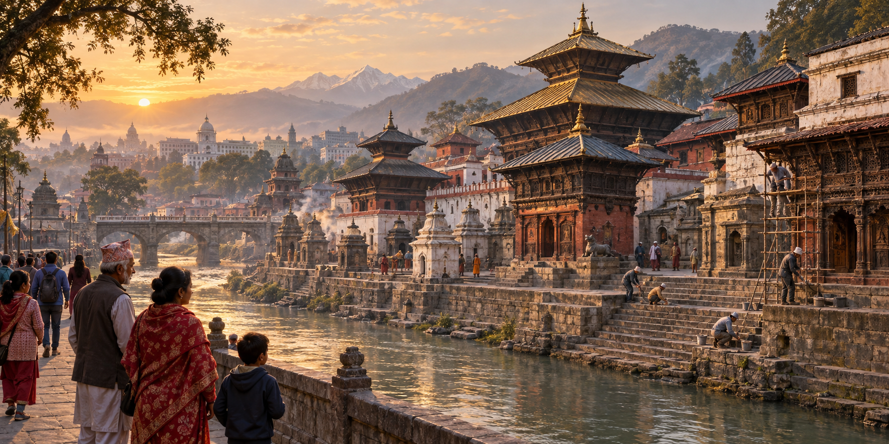 The Pashupatinath temple complex and riverside ghats at dawn, with citizens and heritage conservators beside the Bagmati River and civic buildings in the distance.