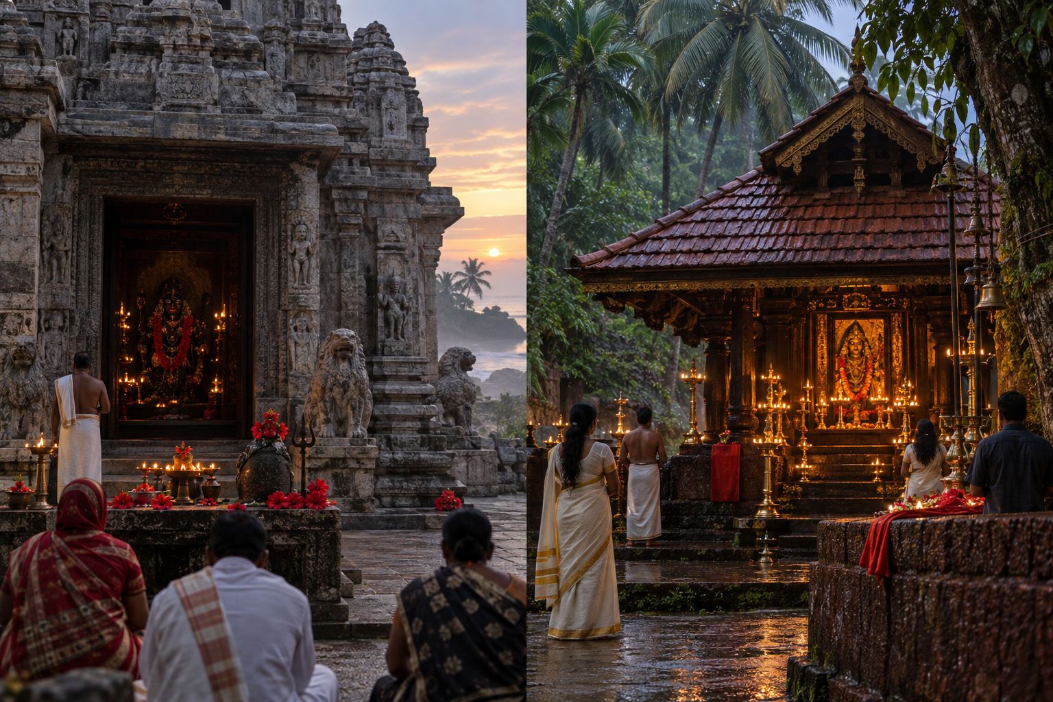 A diptych shows an Odisha stone shrine with hibiscus and earthen lamps beside a Kerala grove temple with brass lamps and a tiled roof.