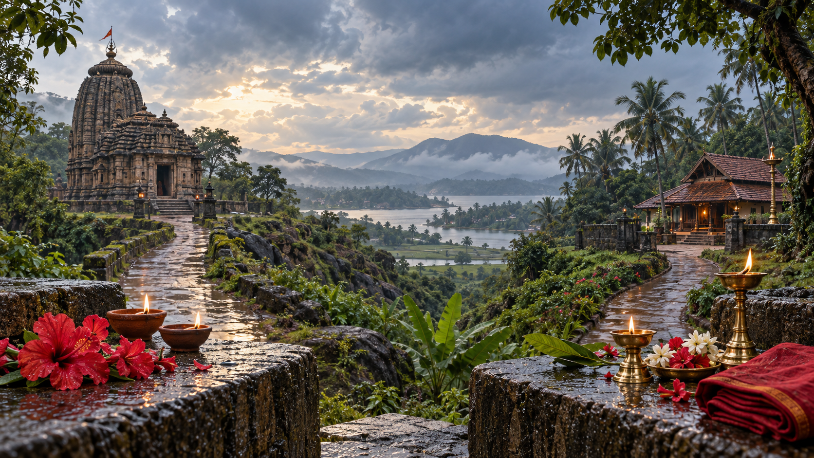 Separate offerings and paths lead to an Odisha stone sanctuary and a Kerala grove shrine beneath one monsoon sky.