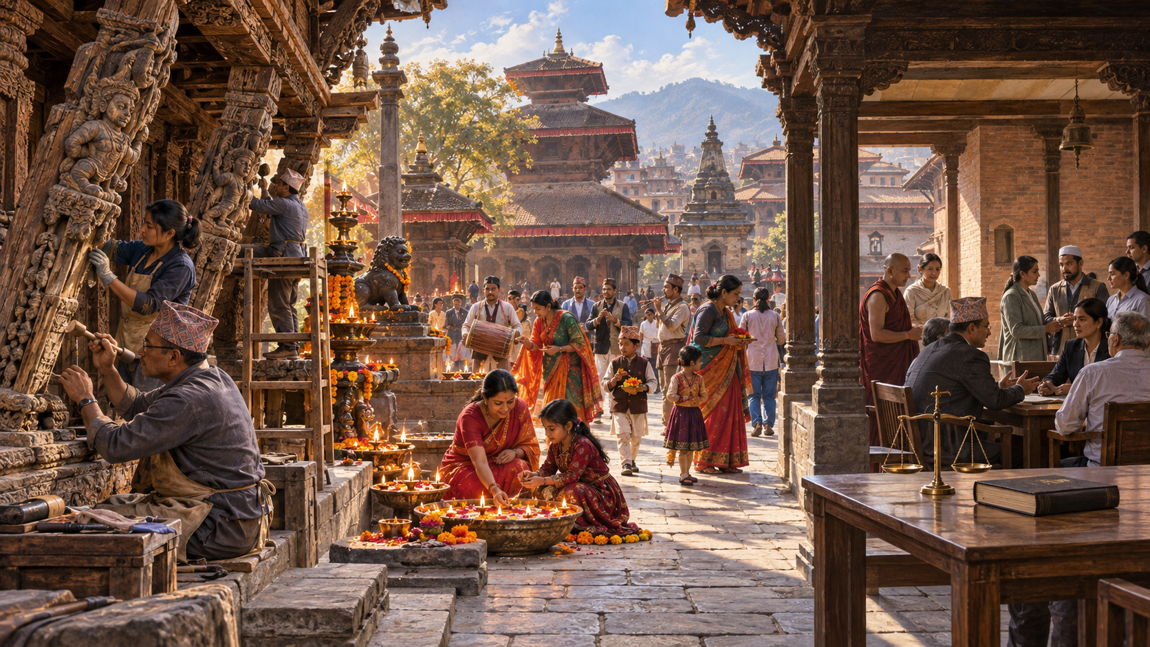 Three connected scenes show a Nepali family at a home shrine, caretakers preserving a temple, and citizens meeting in a civic courtyard.