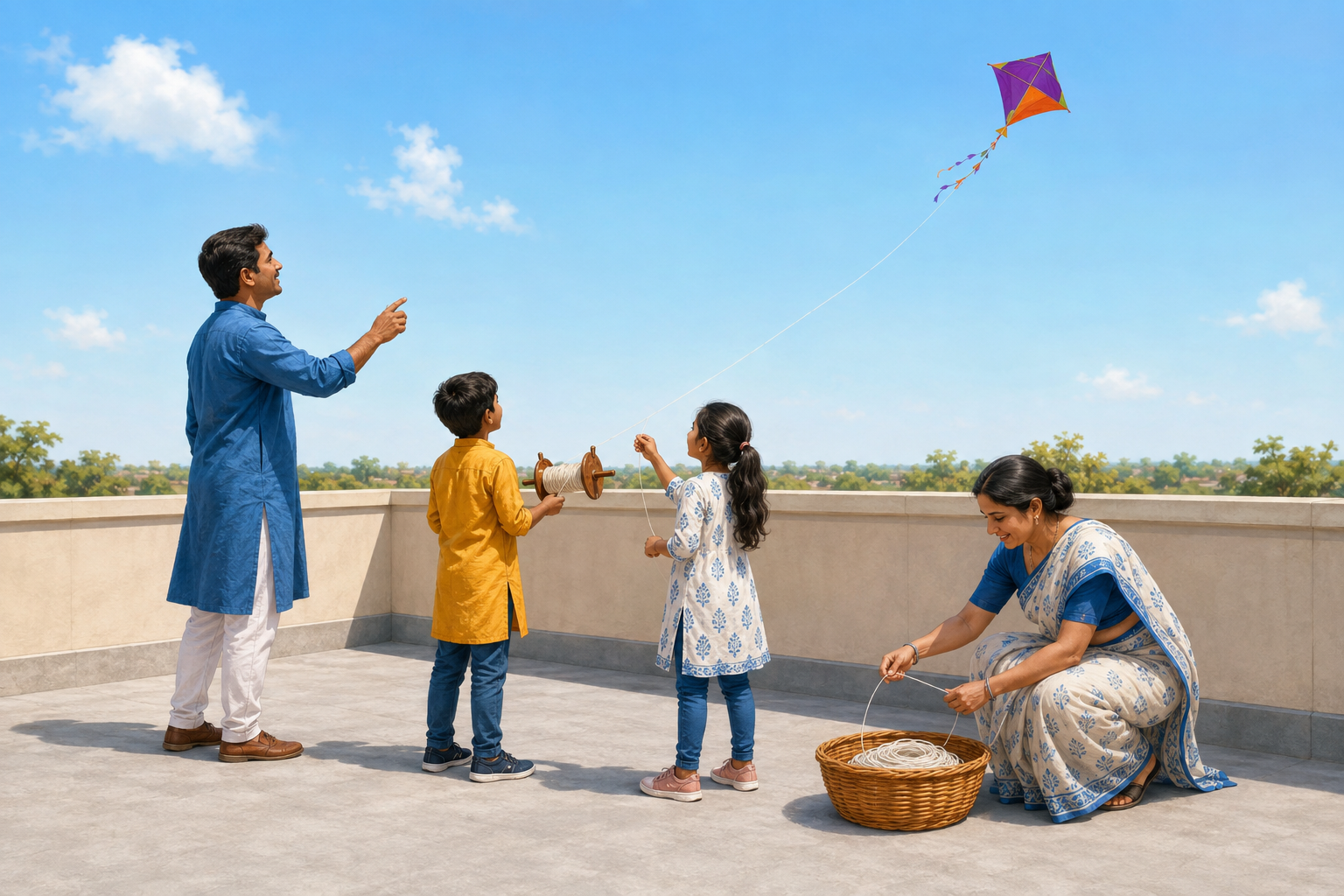 An adult supervises children flying a kite with plain cotton string from a clear rooftop behind a high parapet.