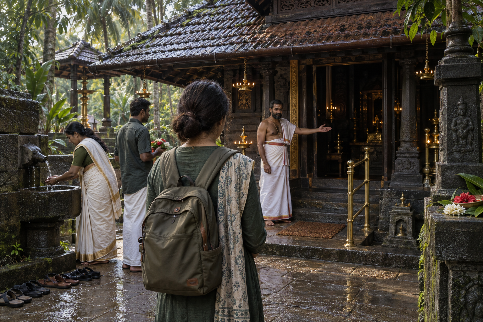 A visitor pauses outside a tiled grove shrine while observing devotees, lamps, footwear and the local entry custom.