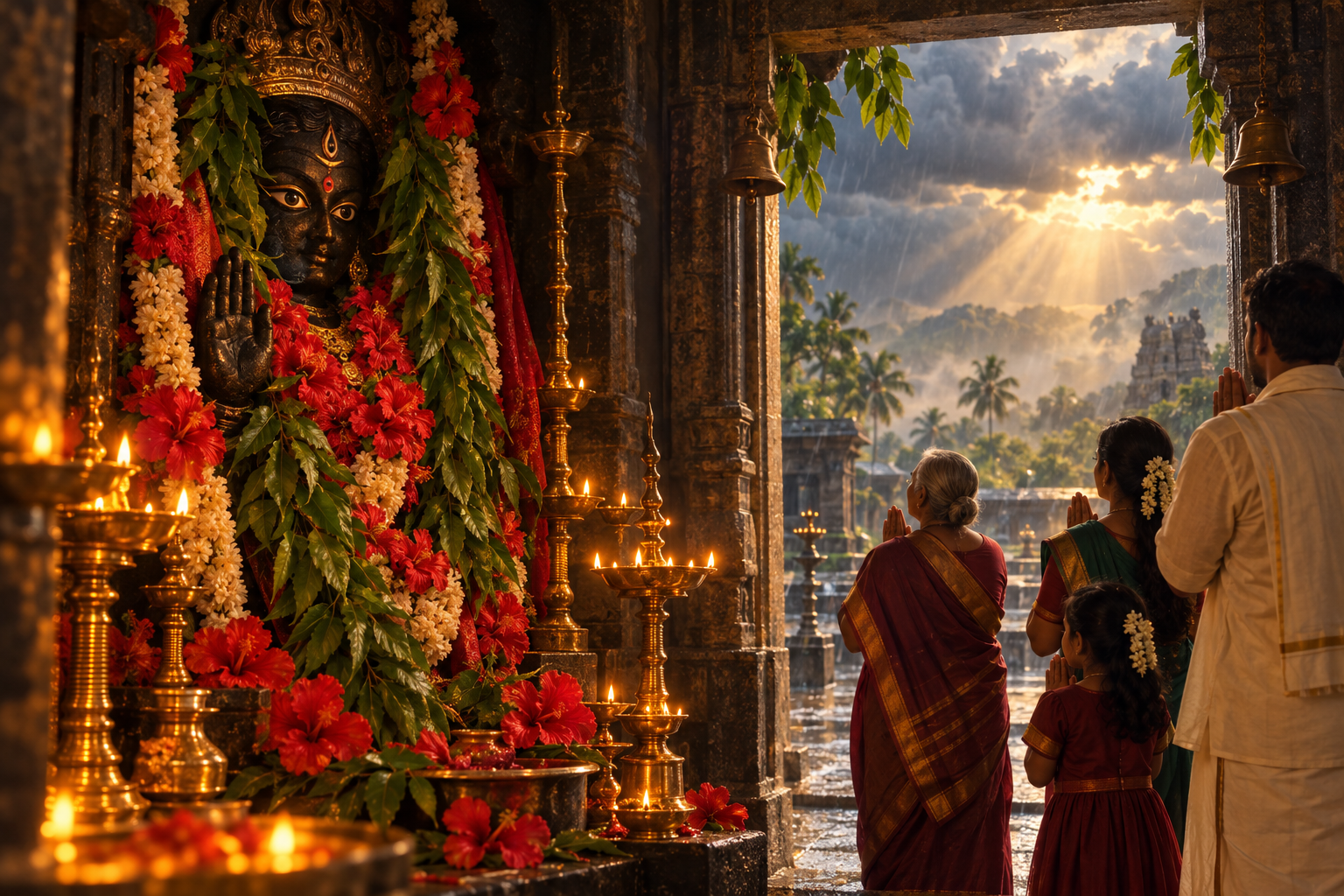 Worshippers stand before a garlanded dark-stone fierce Goddess icon illuminated by oil lamps in a shadowed sanctum.