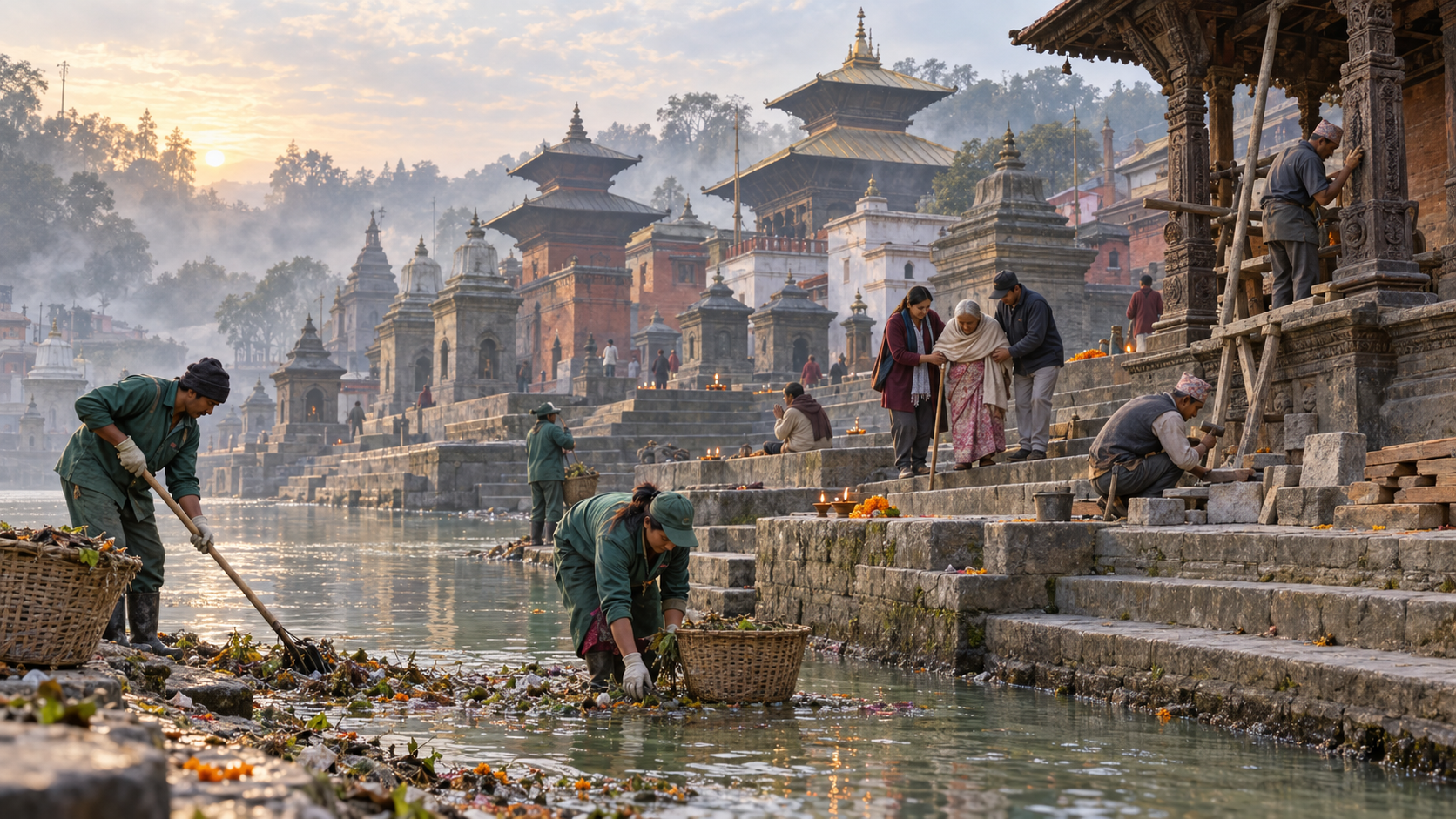 Pilgrims, priests, cleaners, and conservation workers care for a traditional Nepali Hindu temple precinct beside a river.