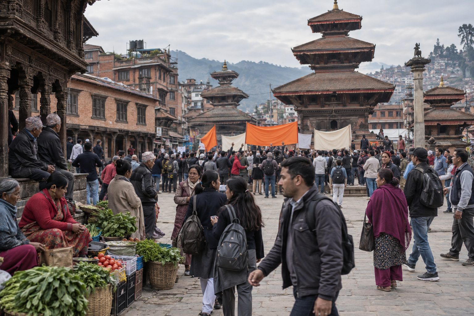 A small demonstration takes place in a Nepali public square while a broader mix of citizens watches, discusses, and continues daily activities.