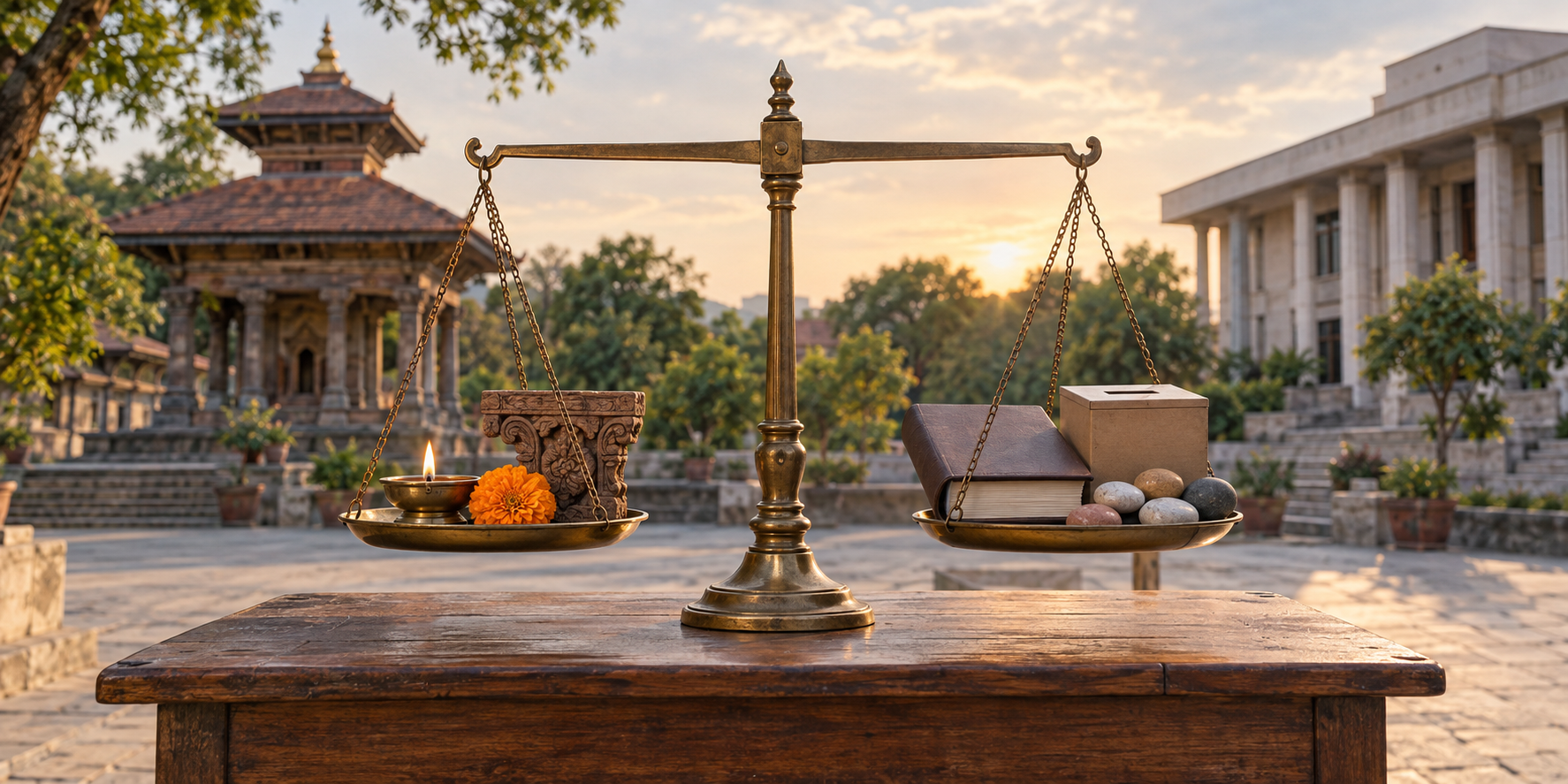 A balanced bronze scale holds symbols of Hindu practice and heritage opposite an unmarked legal folio, ballot box, and varied stones in a civic courtyard.