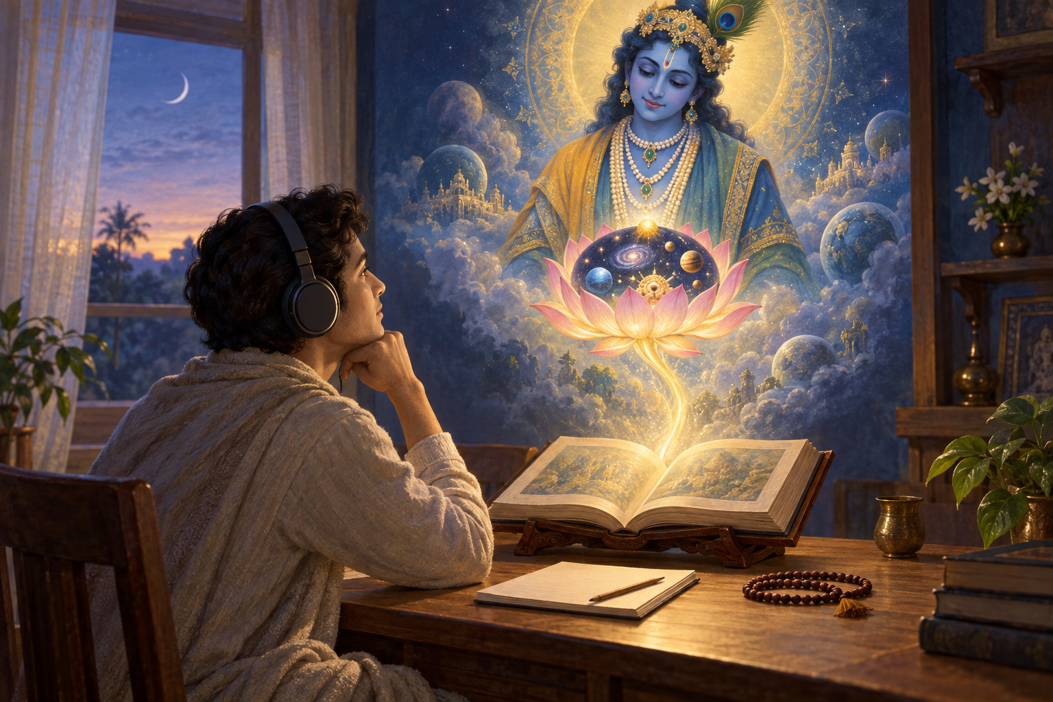 A spiritual student listens at a desk as a luminous lotus and celestial vision rise symbolically from an open sacred book.