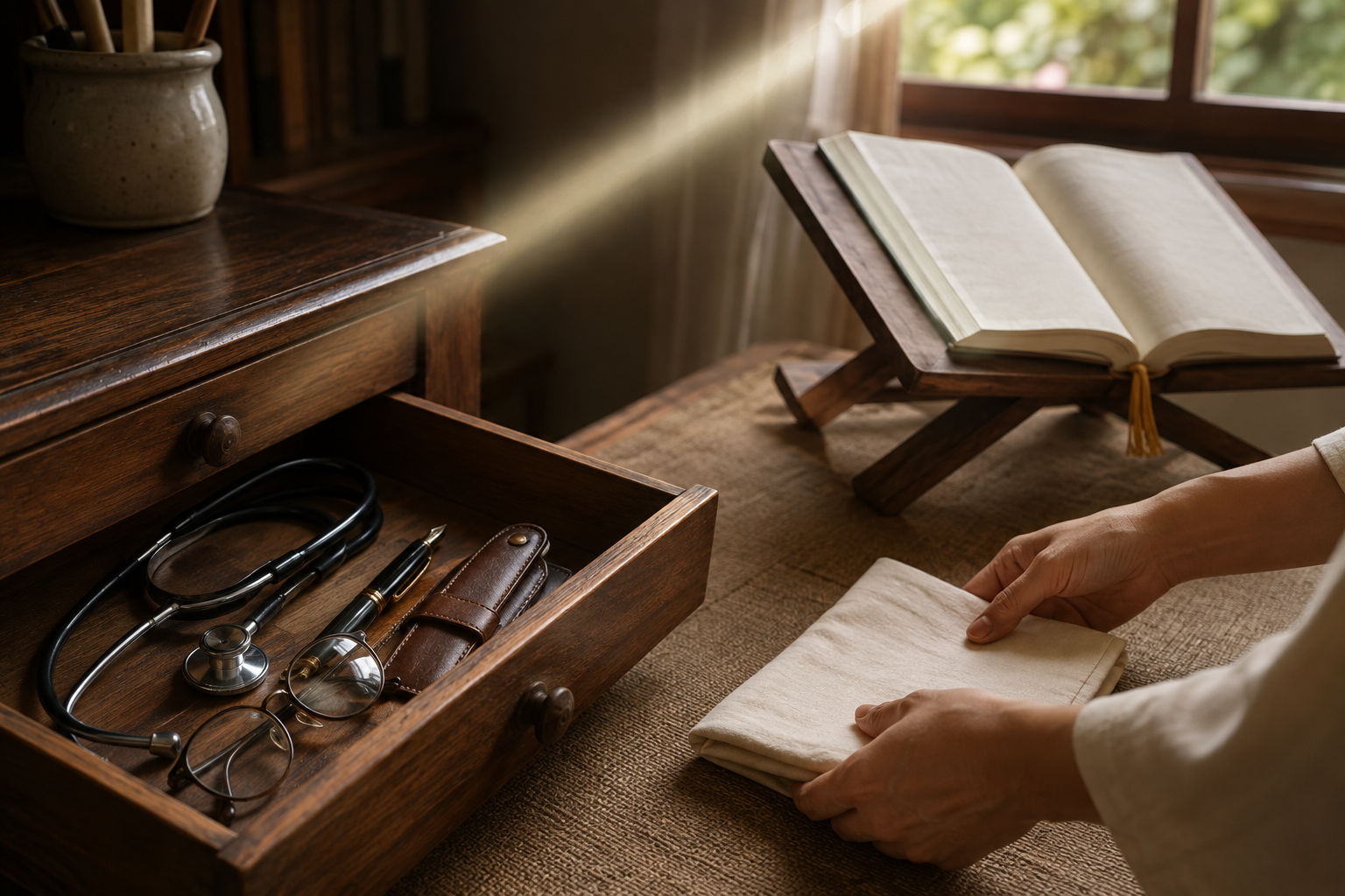 Hands prepare a cloth beside a raised scripture stand while medical instruments remain neatly stored in an open drawer.