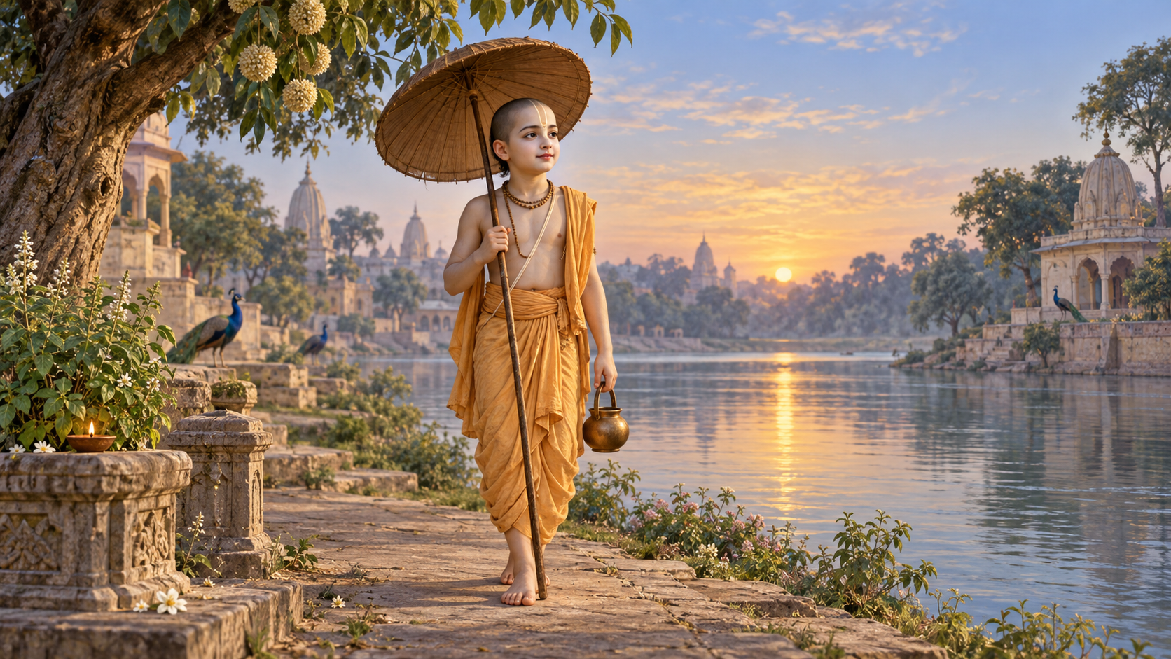 Lord Vamana holding a wooden umbrella and water pot beside the Yamuna in Vrindavan at dawn, with temples and trees in the distance.